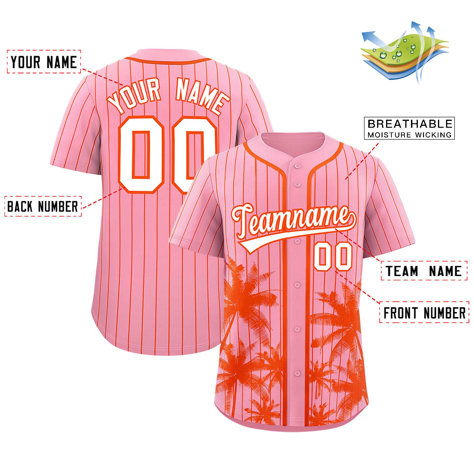 Custom Light Pink Orange Pinstripe Coconut Tree Pattern Authentic Baseball Jersey