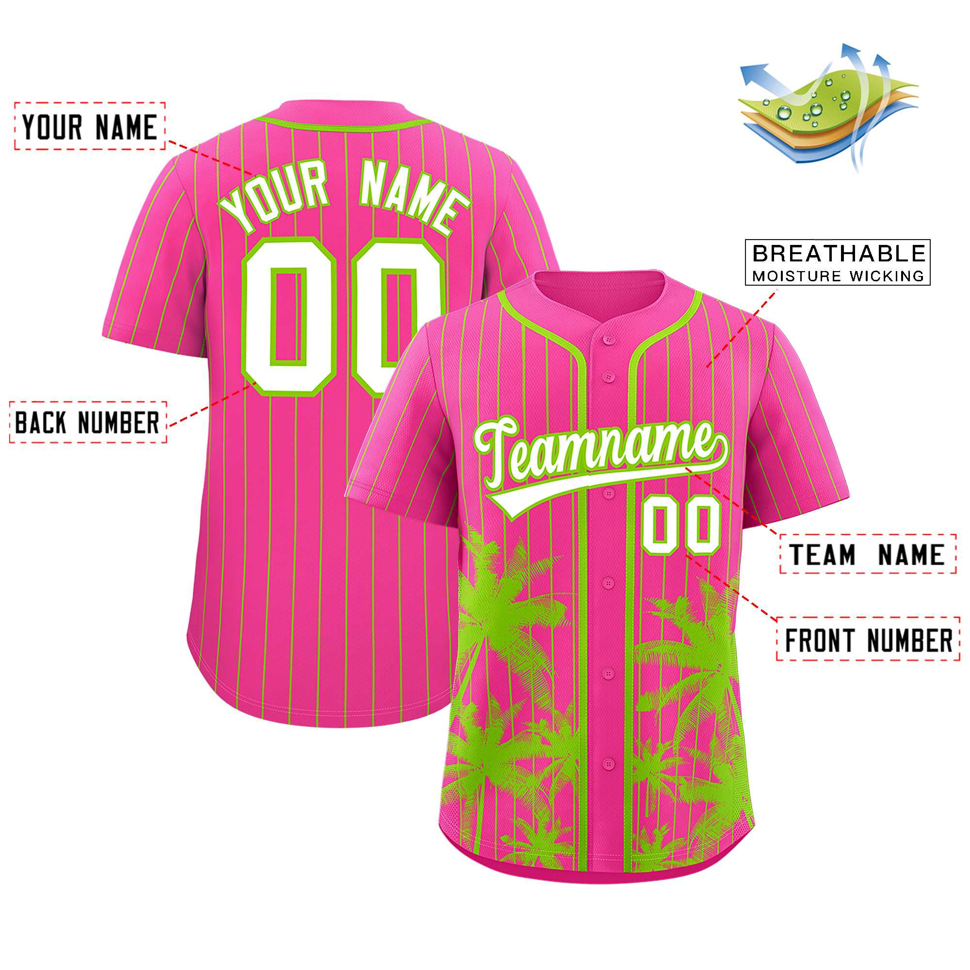 Custom Pink Neon Green Pinstripe Coconut Tree Pattern Authentic Baseball Jersey