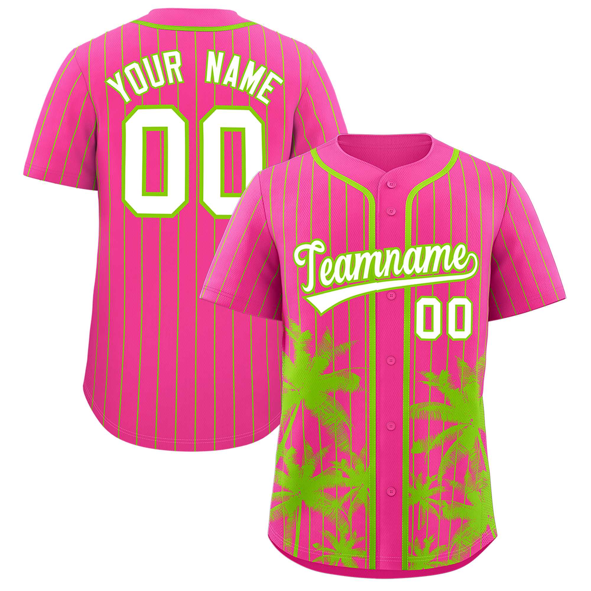 Custom Pink Neon Green Pinstripe Coconut Tree Pattern Authentic Baseball Jersey