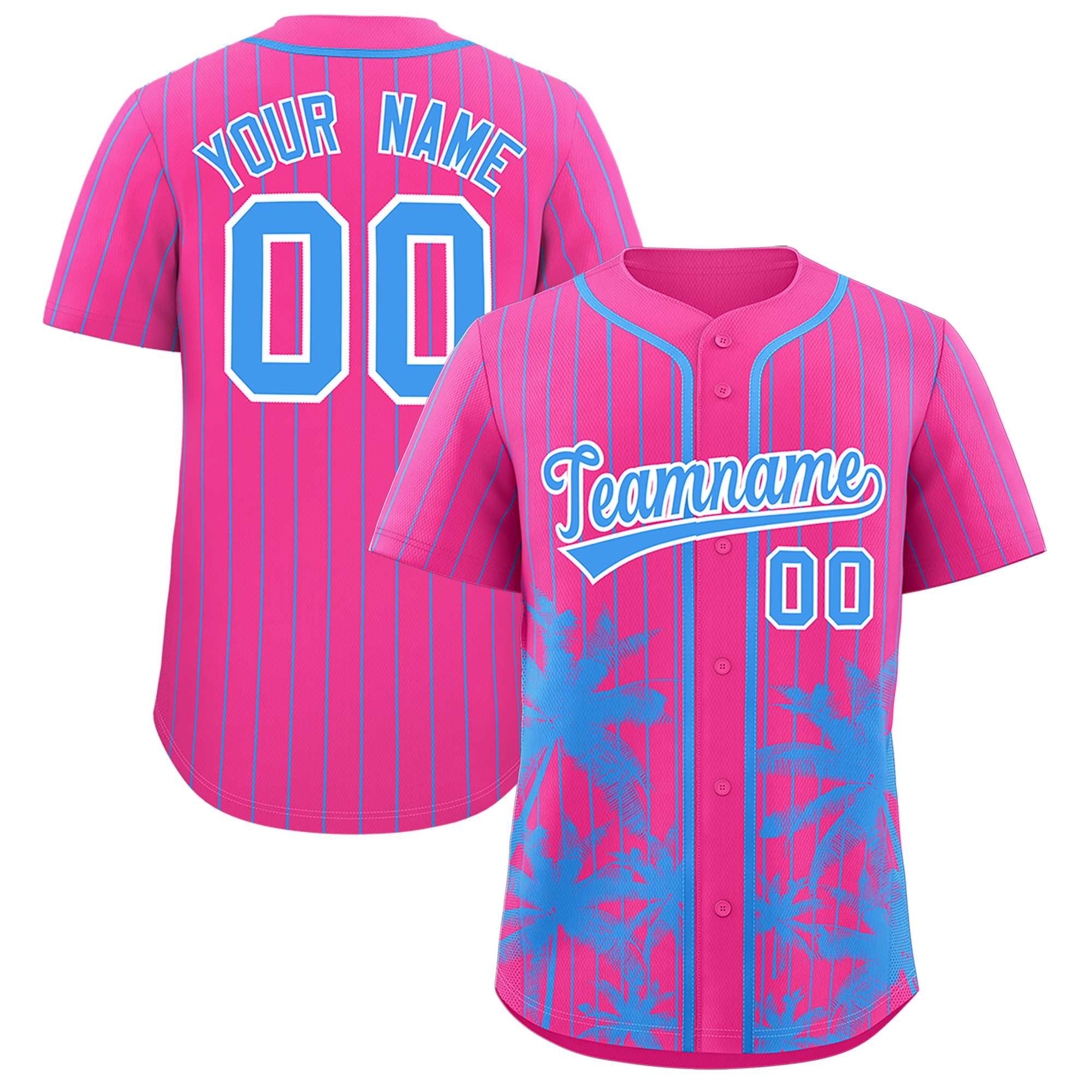 Custom Pink Powder Blue Pinstripe Coconut Tree Pattern Authentic Baseball Jersey