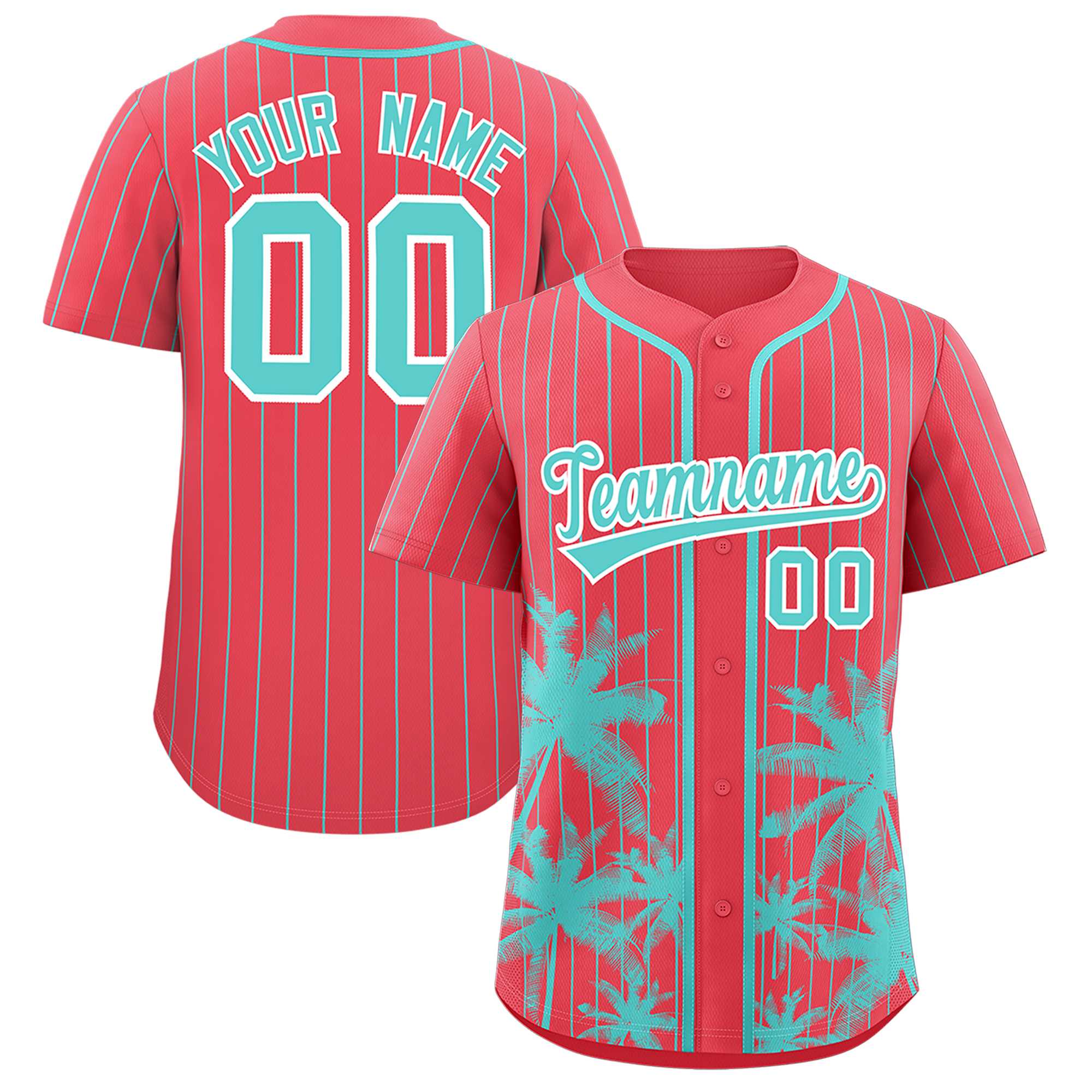 Custom Light Red Bright Green Pinstripe Coconut Tree Pattern Authentic Baseball Jersey