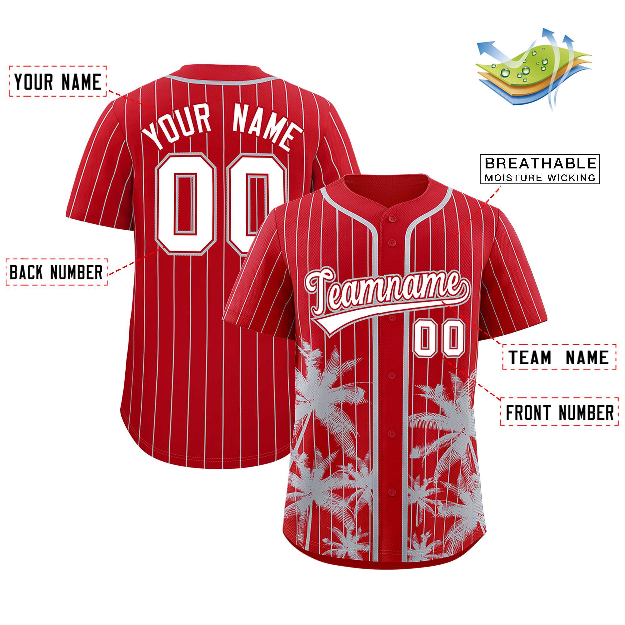 Custom Red Gray Pinstripe Coconut Tree Pattern Authentic Baseball Jersey