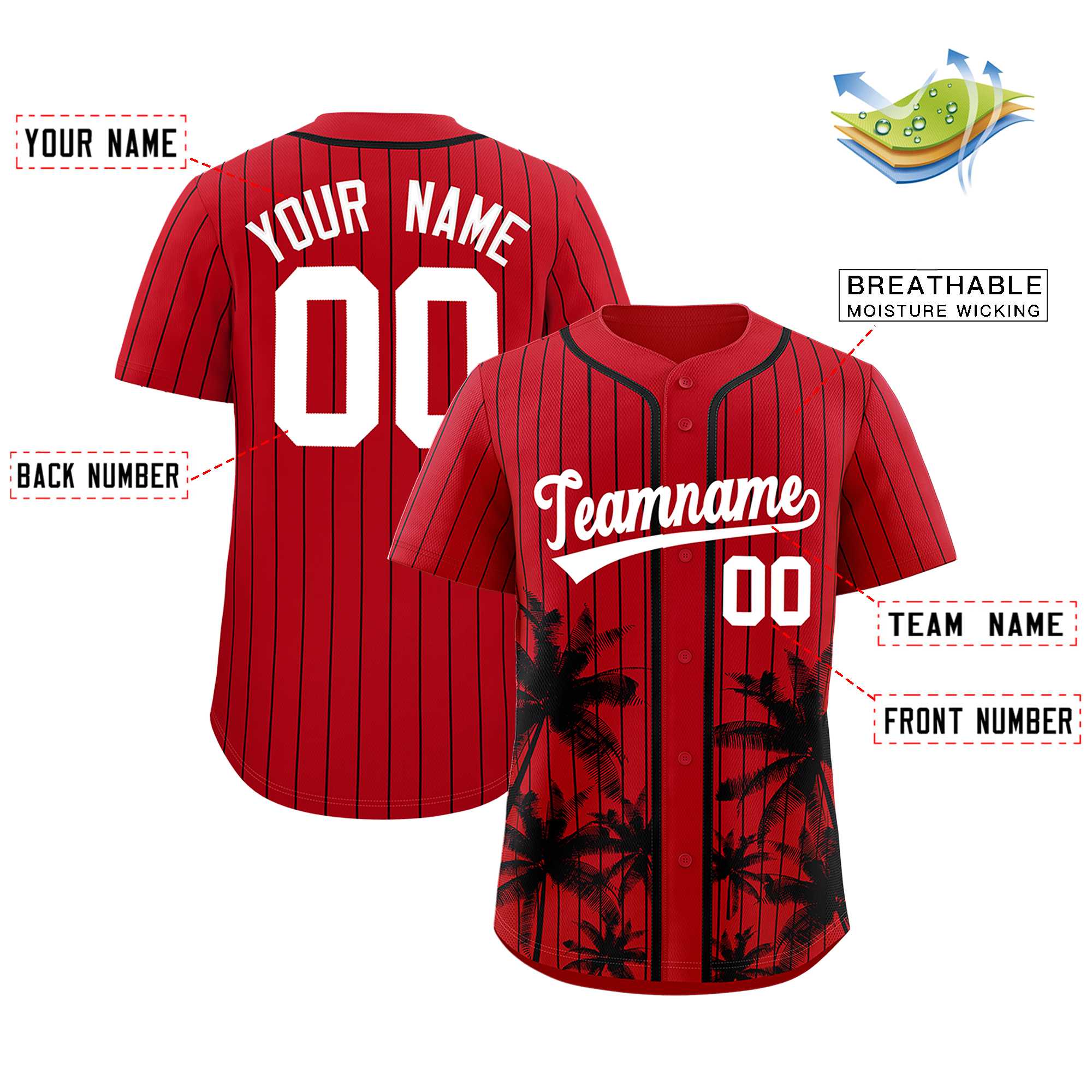 Custom Red Black Pinstripe Coconut Tree Pattern Authentic Baseball Jersey