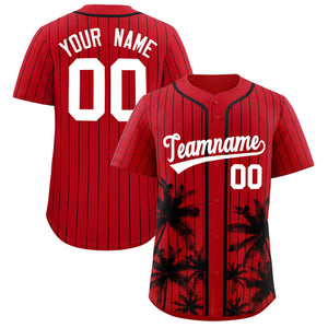 Custom Red Black Pinstripe Coconut Tree Pattern Authentic Baseball Jersey