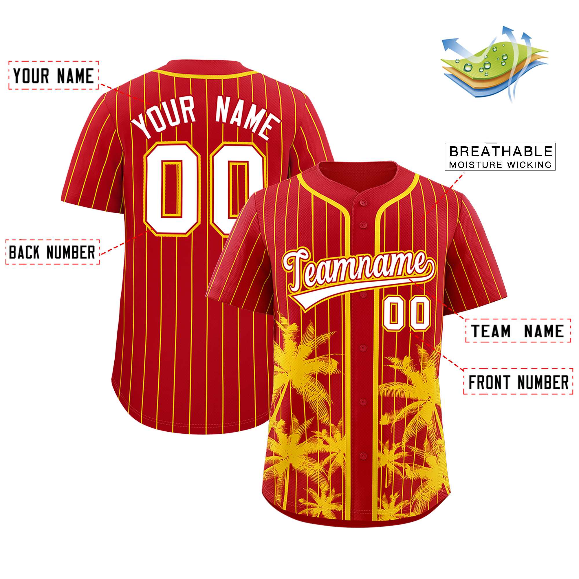 Custom Red Gold Pinstripe Coconut Tree Pattern Authentic Baseball Jersey