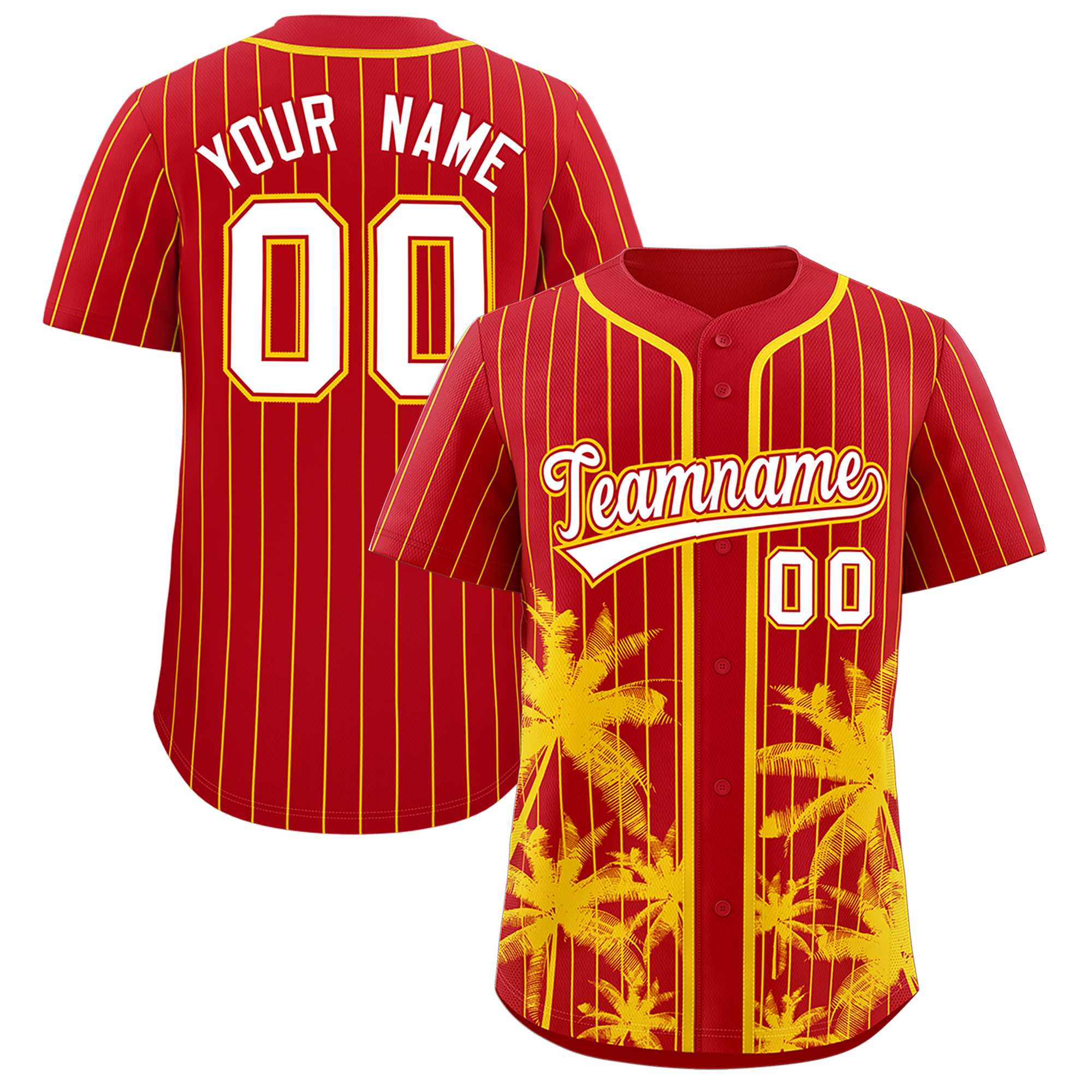 Custom Red Gold Pinstripe Coconut Tree Pattern Authentic Baseball Jersey