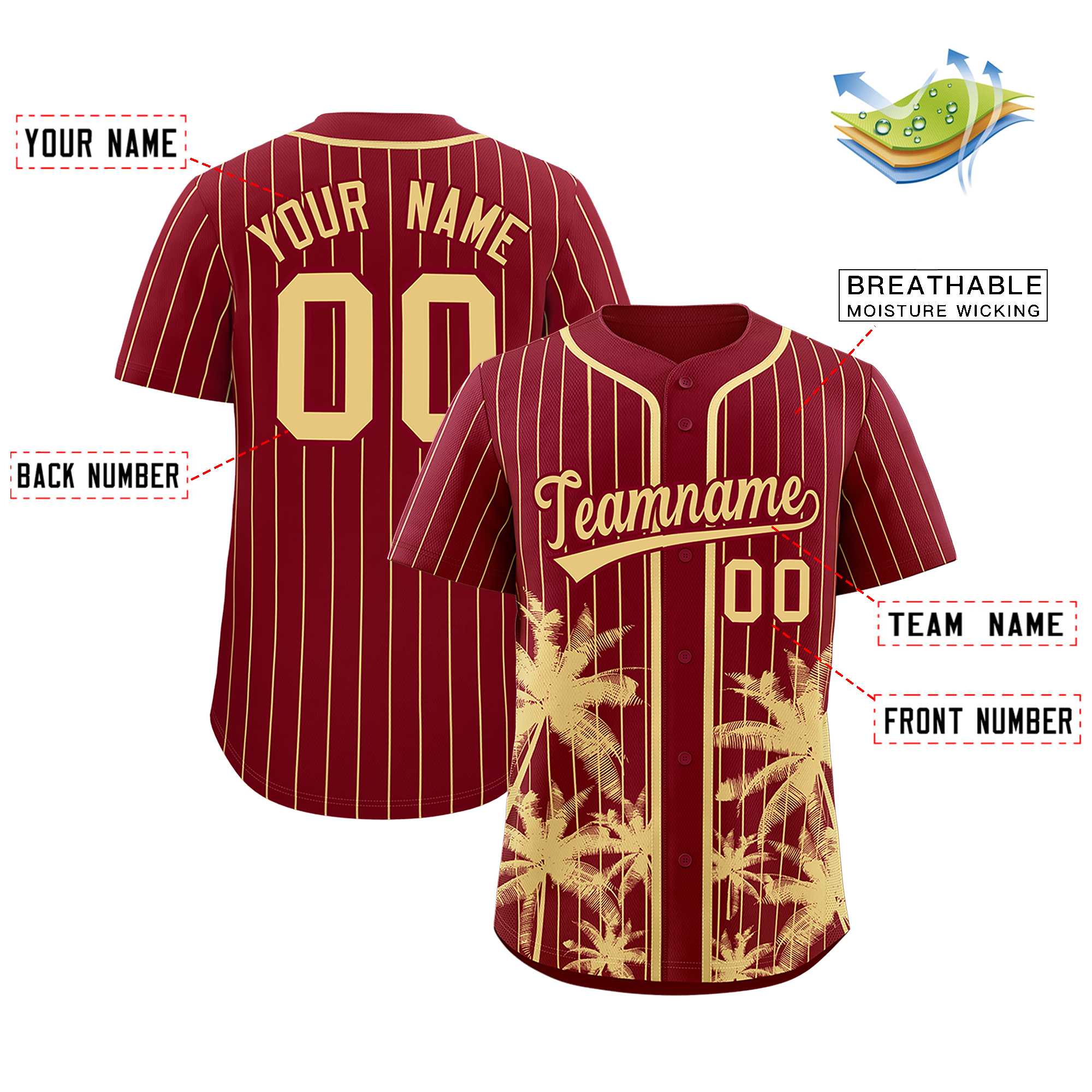 Custom Crimson Khaki Pinstripe Coconut Tree Pattern Authentic Baseball Jersey