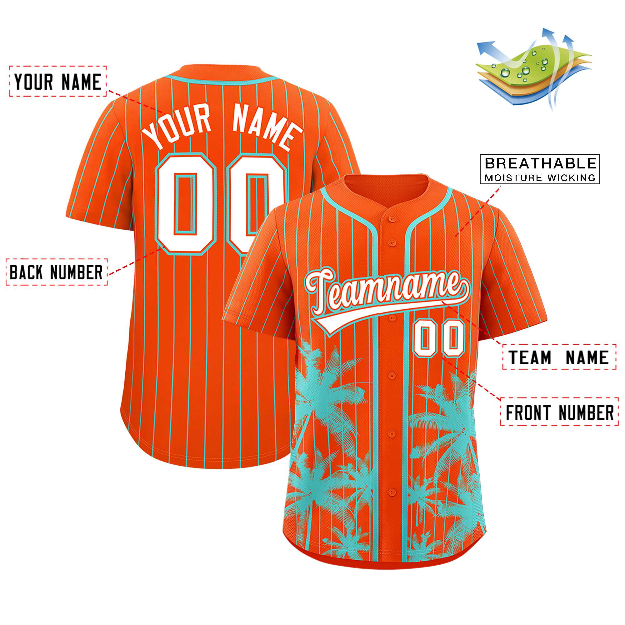 Custom Orange Aqua Pinstripe Coconut Tree Pattern Authentic Baseball Jersey