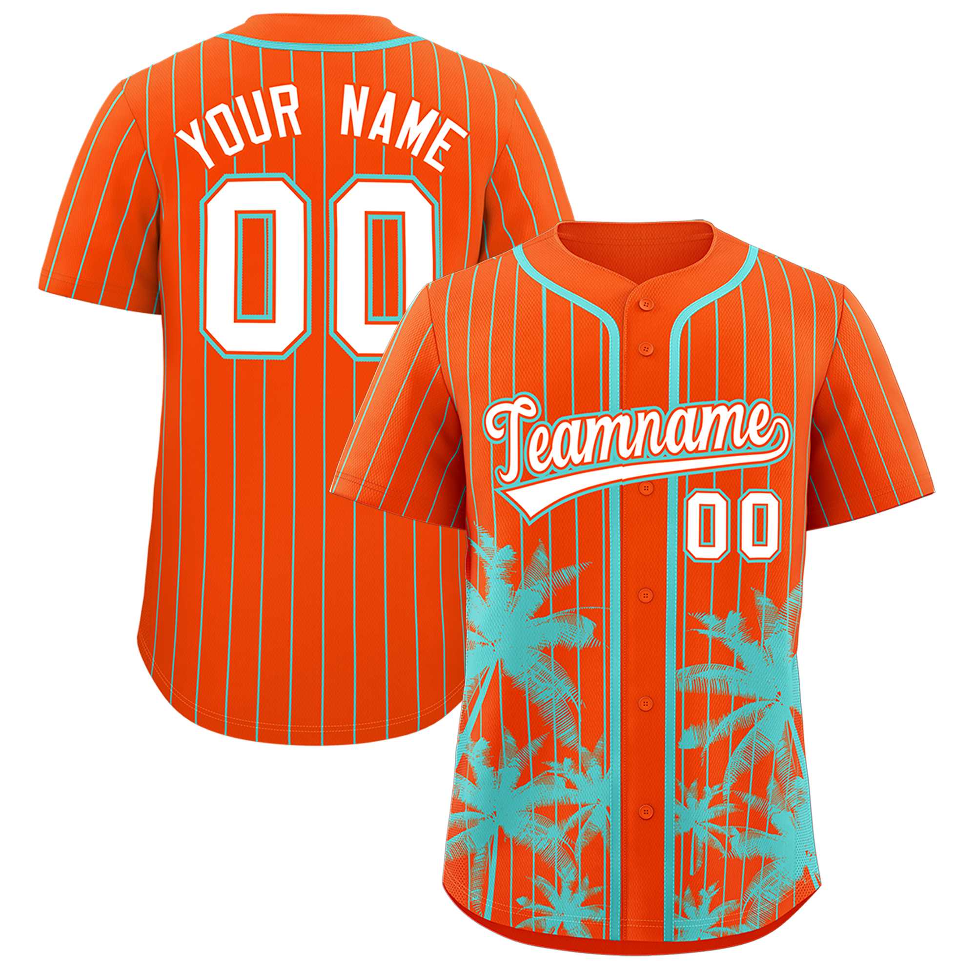 Custom Orange Aqua Pinstripe Coconut Tree Pattern Authentic Baseball Jersey