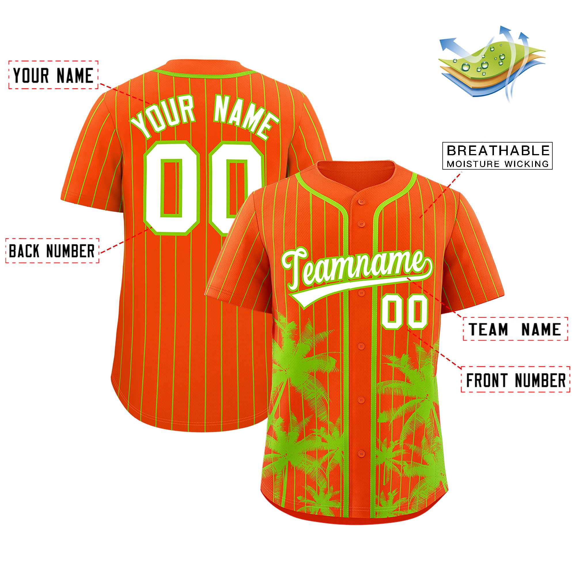 Custom Orange Neon Green Pinstripe Coconut Tree Pattern Authentic Baseball Jersey