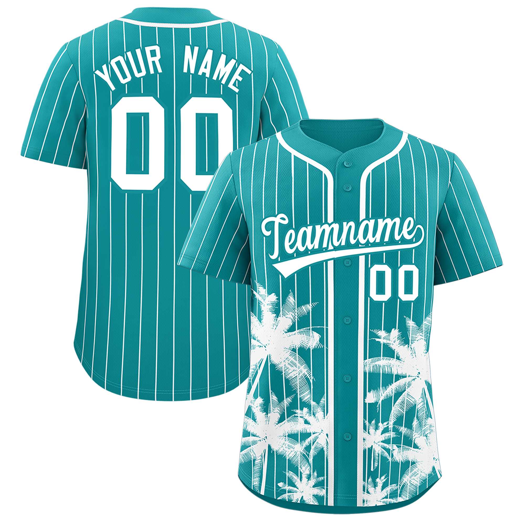 Custom Aqua White Pinstripe Coconut Tree Pattern Authentic Baseball Jersey