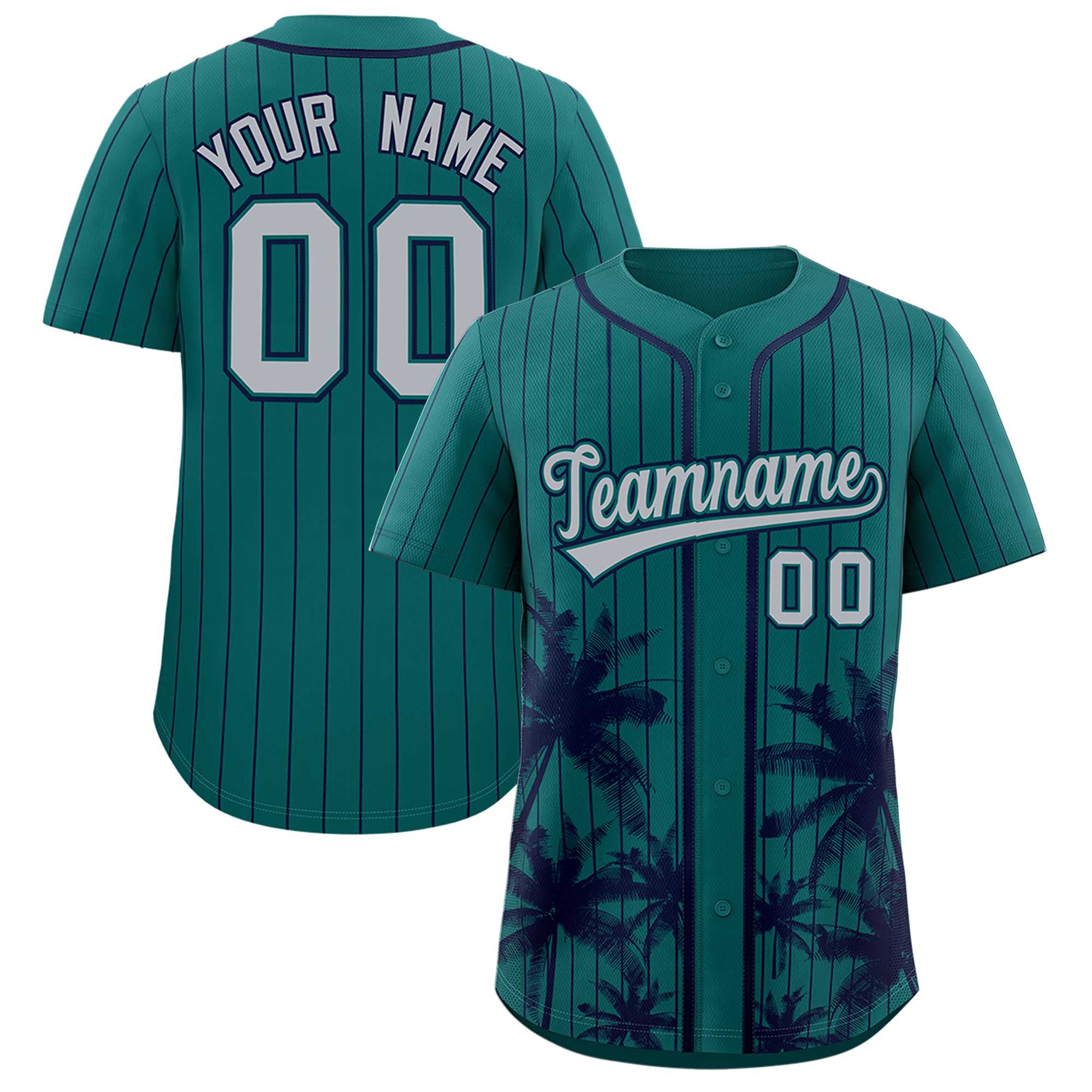 Custom Aqua Navy Pinstripe Coconut Tree Pattern Authentic Baseball Jersey