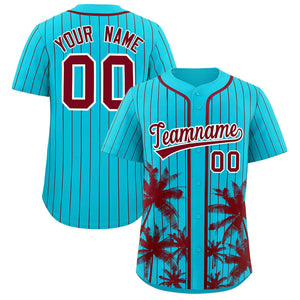 Custom Sky Blue Crimson Pinstripe Coconut Tree Pattern Authentic Baseball Jersey