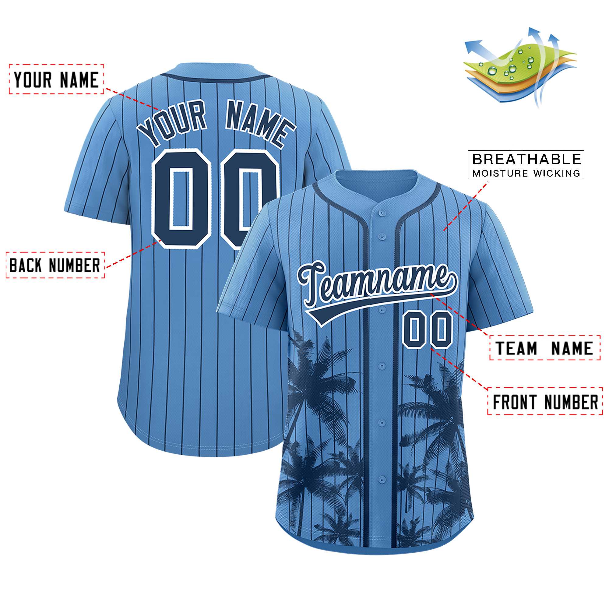 Custom Light Blue Navy Pinstripe Coconut Tree Pattern Authentic Baseball Jersey