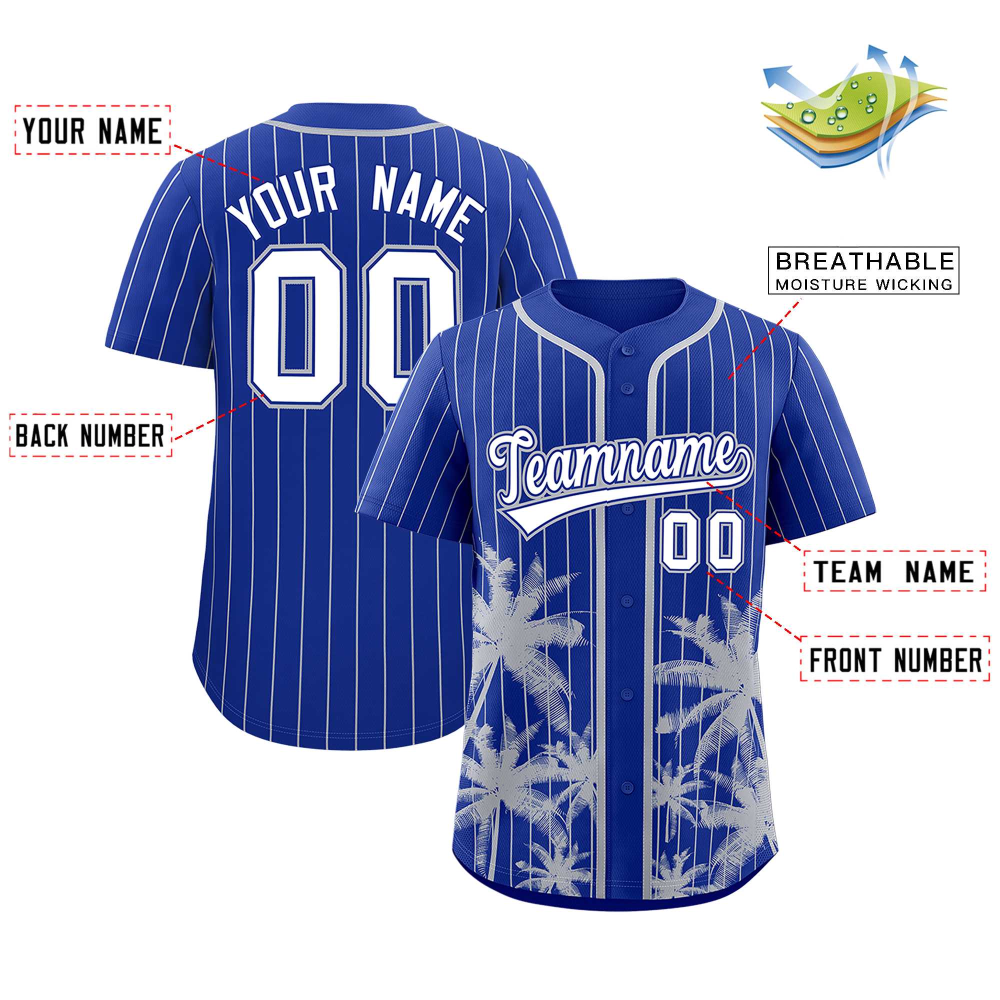 Custom Royal Gray Pinstripe Coconut Tree Pattern Authentic Baseball Jersey