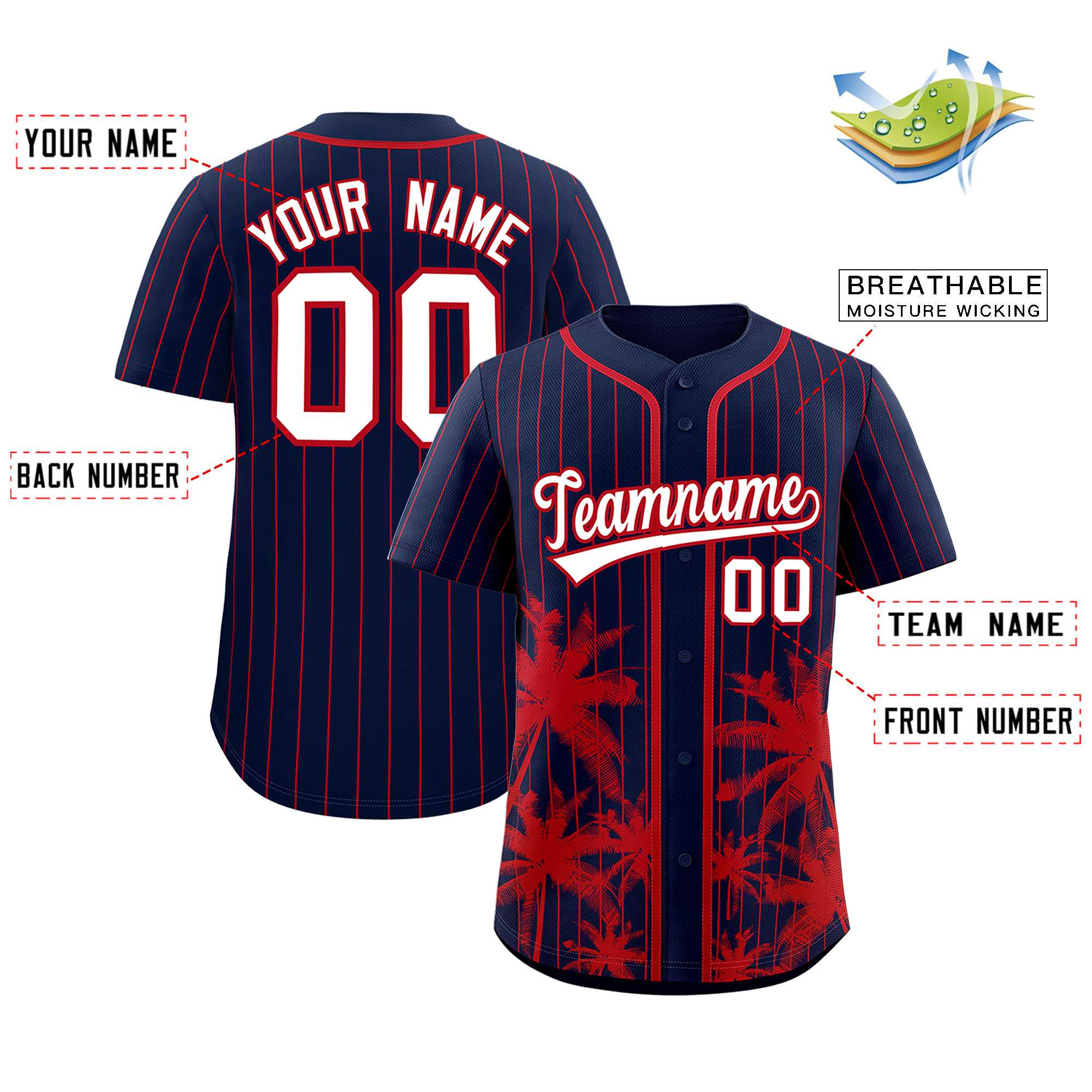 Custom Navy Red Pinstripe Coconut Tree Pattern Authentic Baseball Jersey