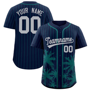 Custom Navy Aqua Pinstripe Coconut Tree Pattern Authentic Baseball Jersey