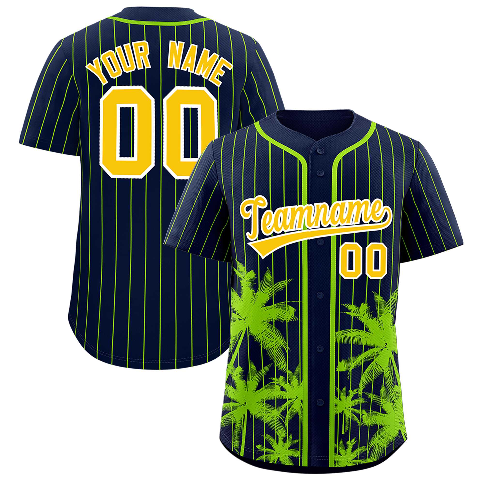 Custom Navy Neon Green Pinstripe Coconut Tree Pattern Authentic Baseball Jersey