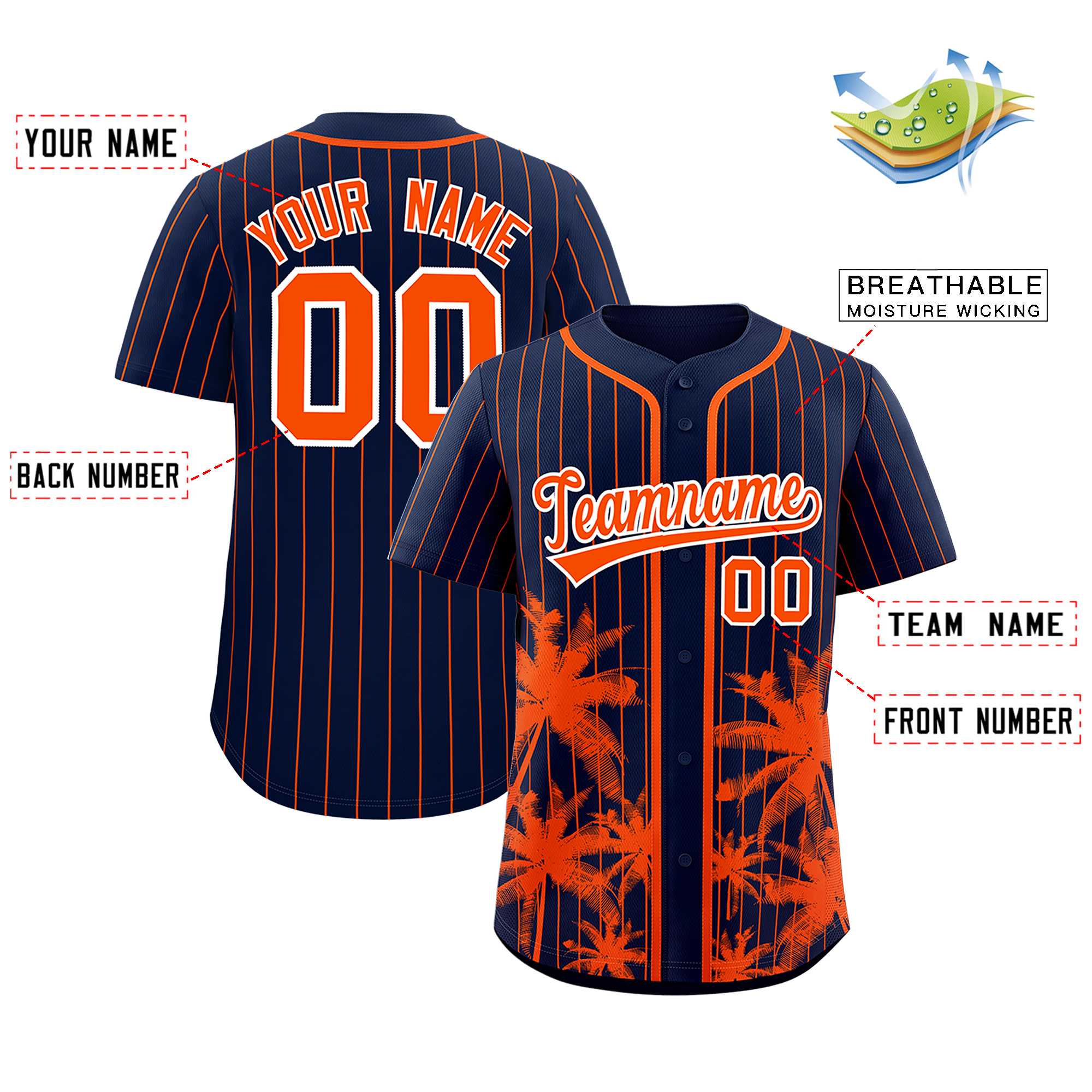 Custom Navy Orange Pinstripe Coconut Tree Pattern Authentic Baseball Jersey