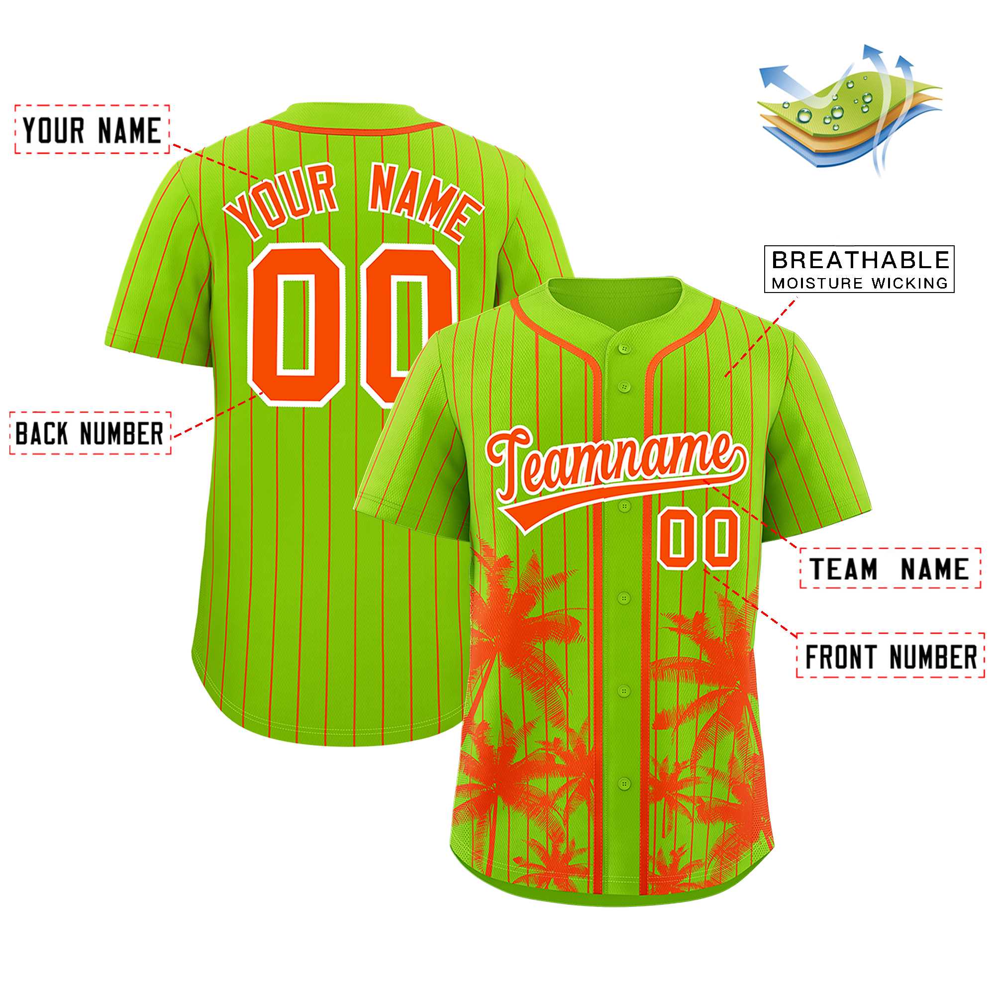 Custom Neon Green Orange Pinstripe Coconut Tree Pattern Authentic Baseball Jersey