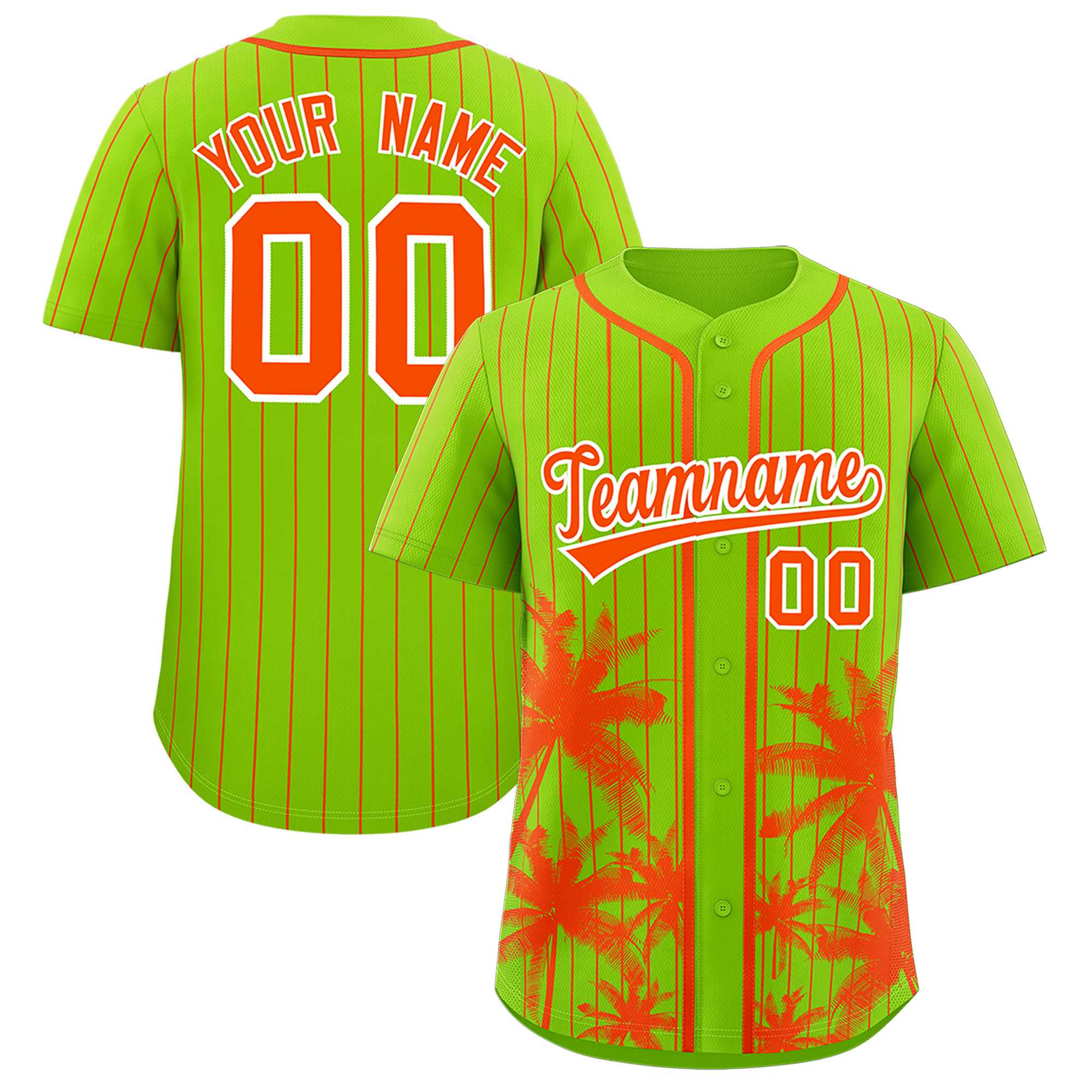 Custom Neon Green Orange Pinstripe Coconut Tree Pattern Authentic Baseball Jersey