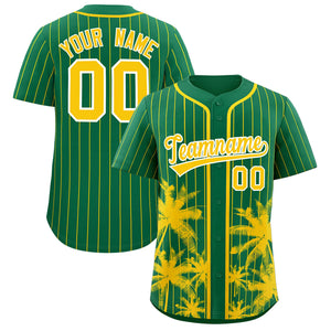 Custom Kelly Green Gold Pinstripe Coconut Tree Pattern Authentic Baseball Jersey