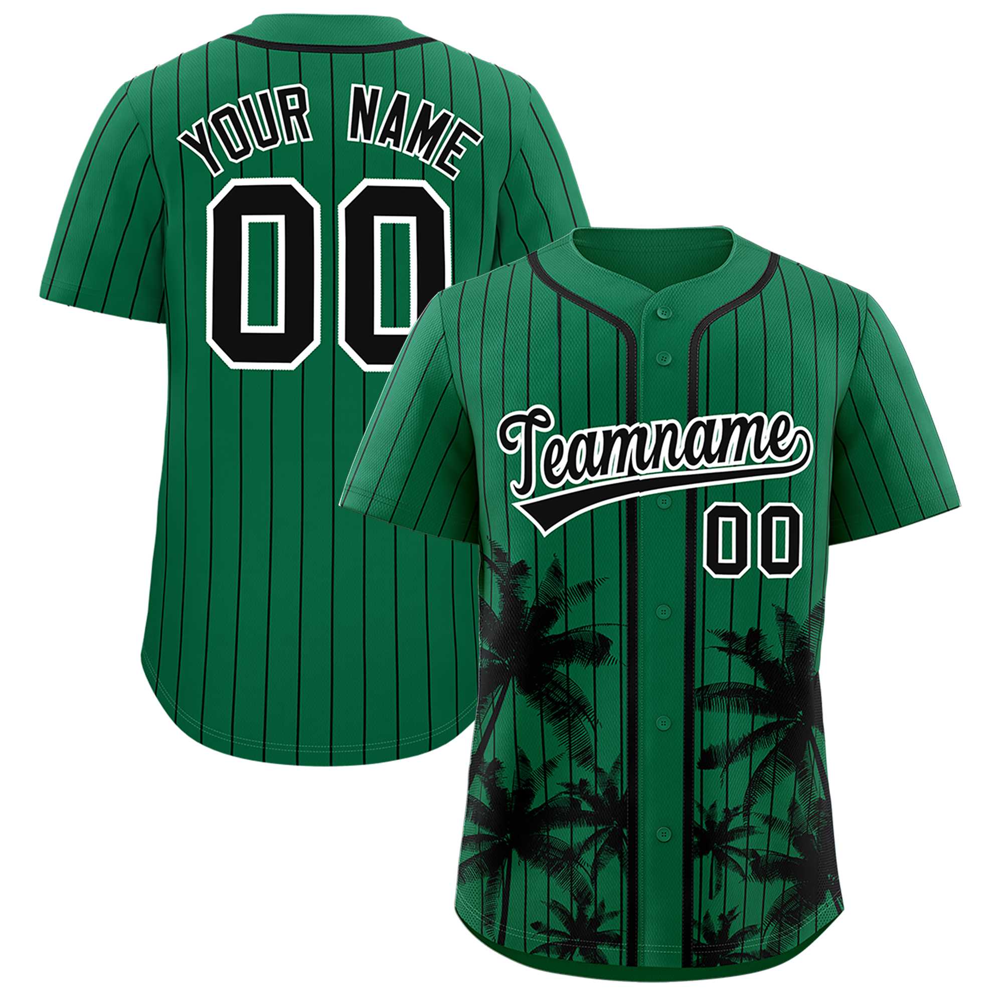 Custom Kelly Green Black Pinstripe Coconut Tree Pattern Authentic Baseball Jersey