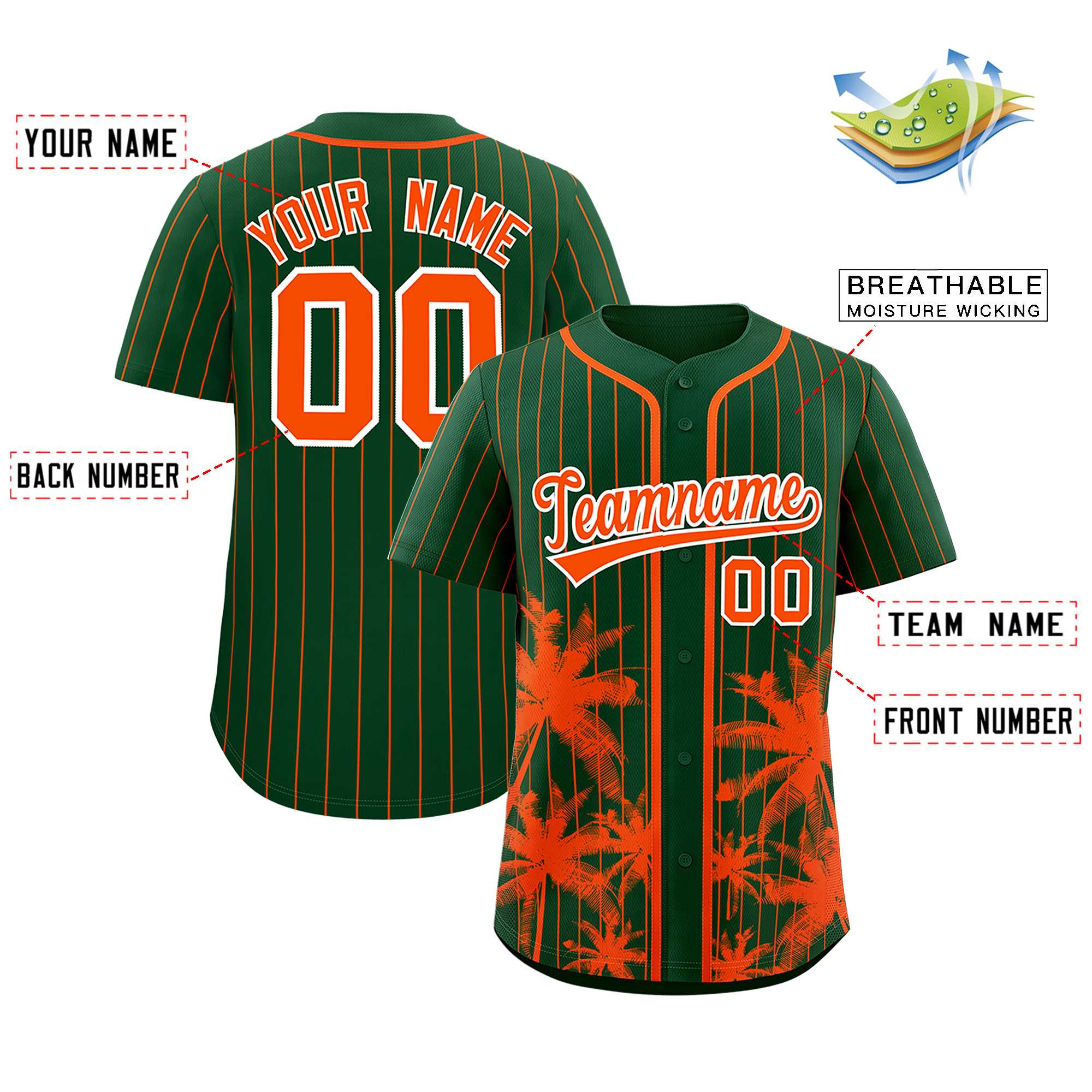 Custom Green Orange Pinstripe Coconut Tree Pattern Authentic Baseball Jersey