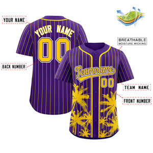 Custom Purple Gold Pinstripe Coconut Tree Pattern Authentic Baseball Jersey