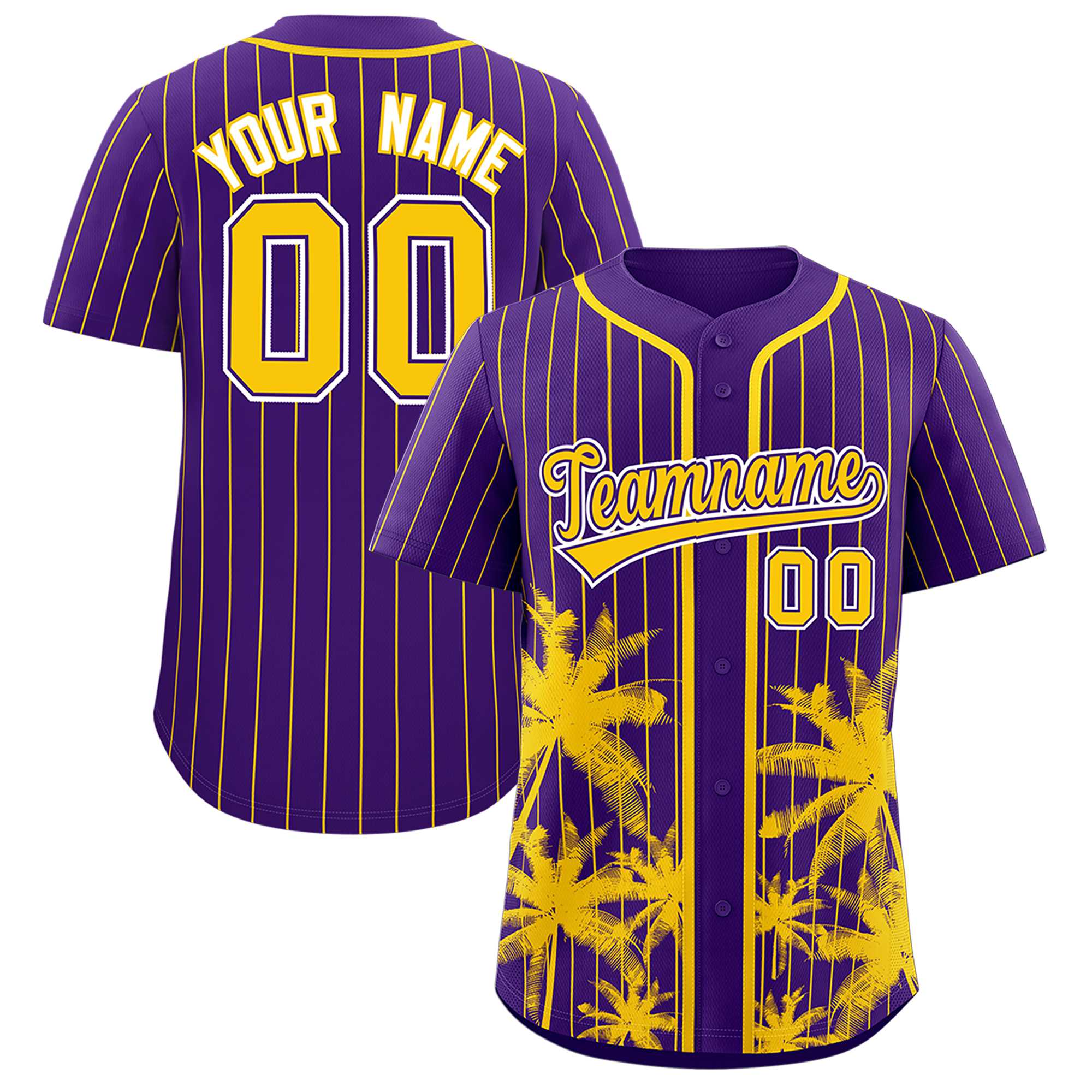 Custom Purple Gold Pinstripe Coconut Tree Pattern Authentic Baseball Jersey