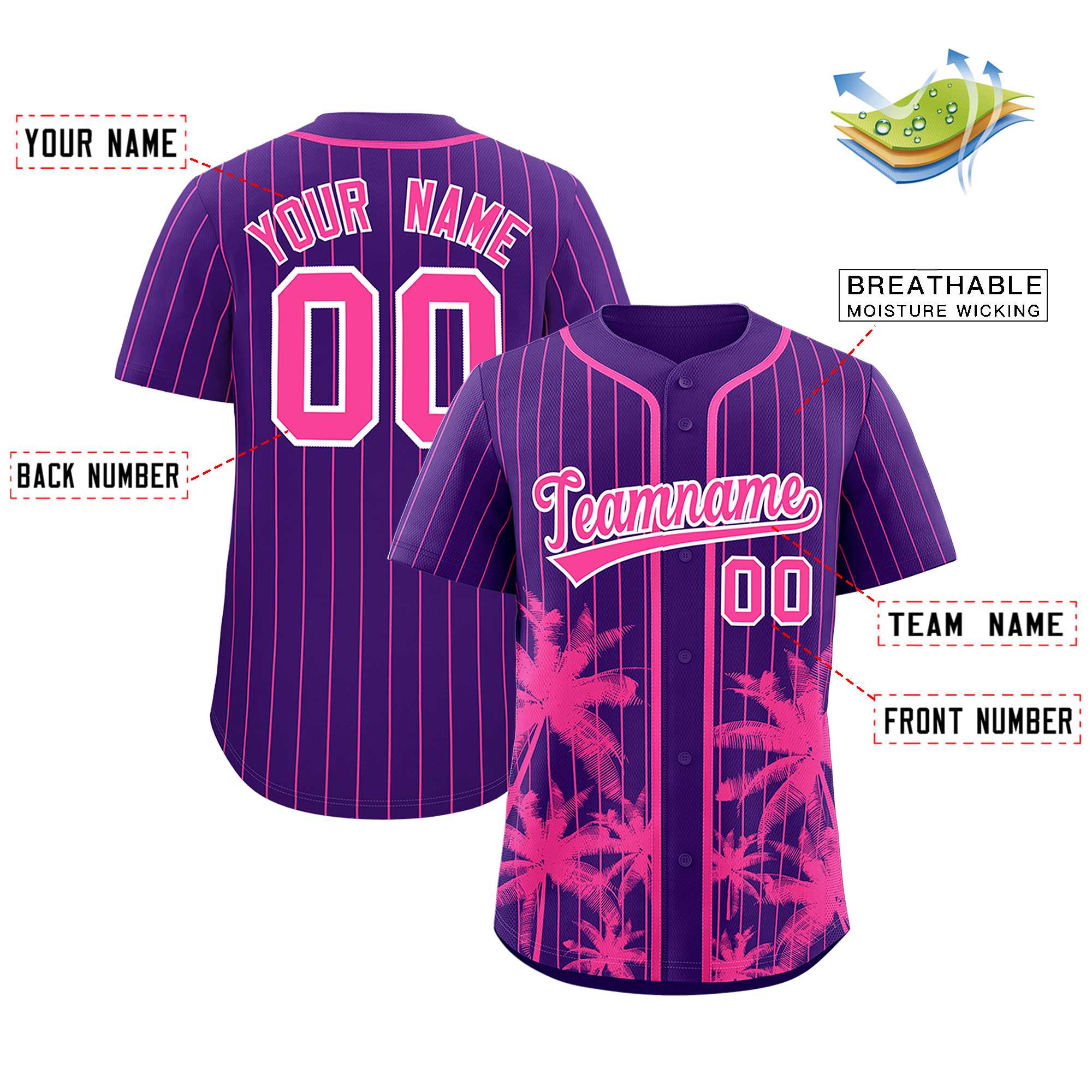 Custom Purple Pink Pinstripe Coconut Tree Pattern Authentic Baseball Jersey