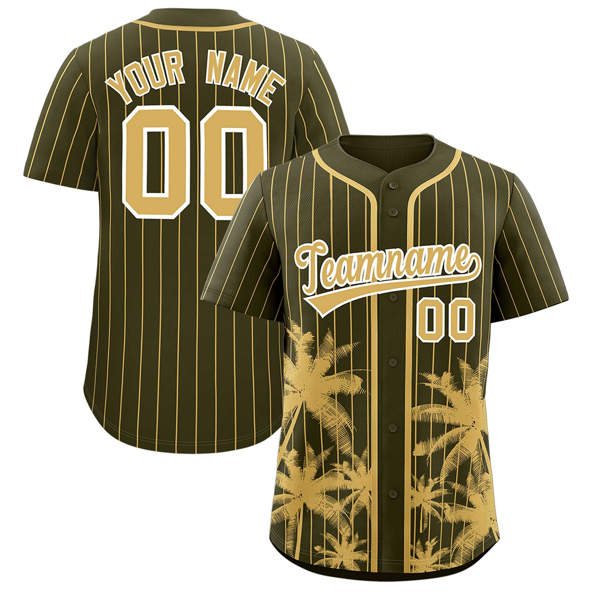 Custom Olive Old Gold Pinstripe Coconut Tree Pattern Authentic Baseball Jersey