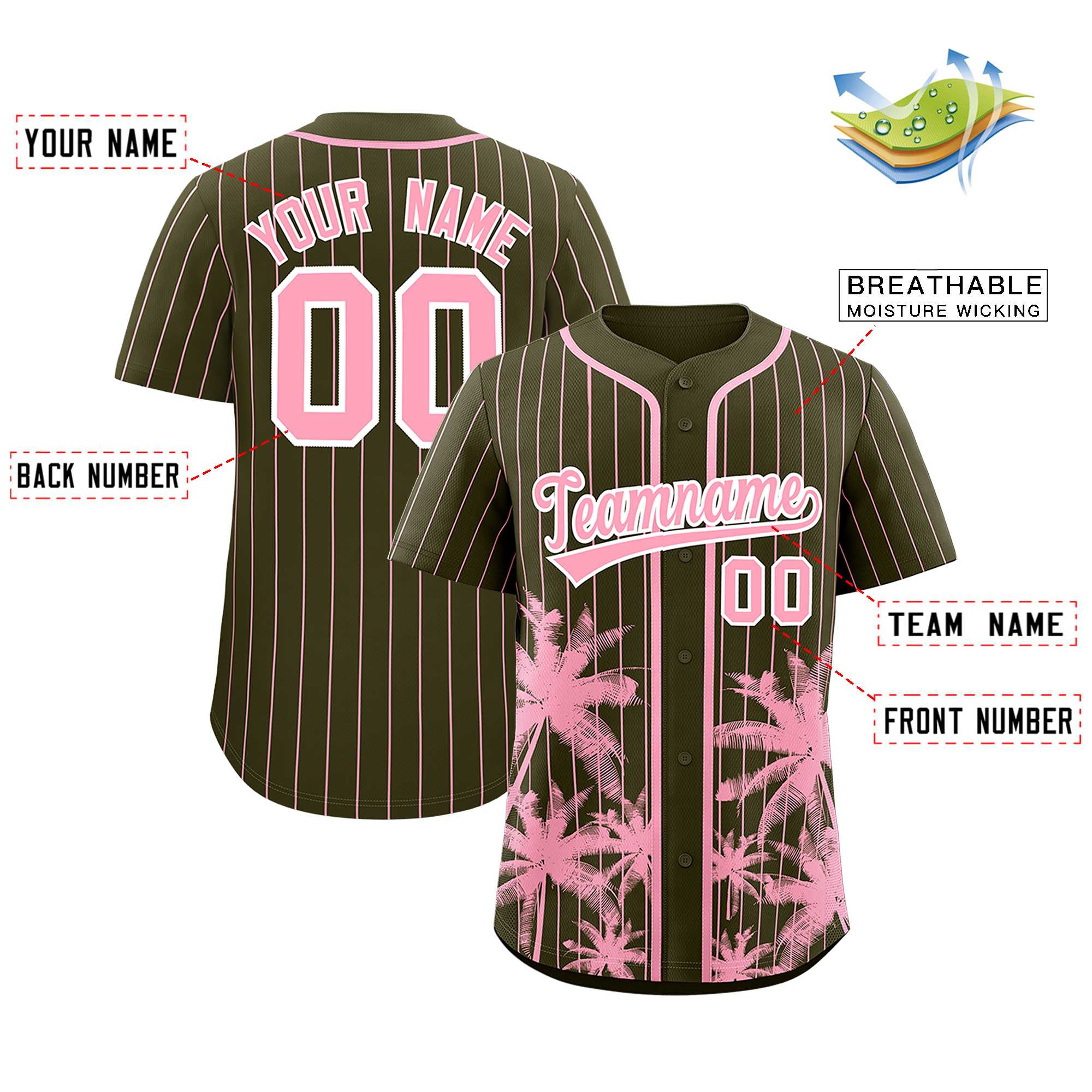 Custom Olive Light Pink Pinstripe Coconut Tree Pattern Authentic Baseball Jersey