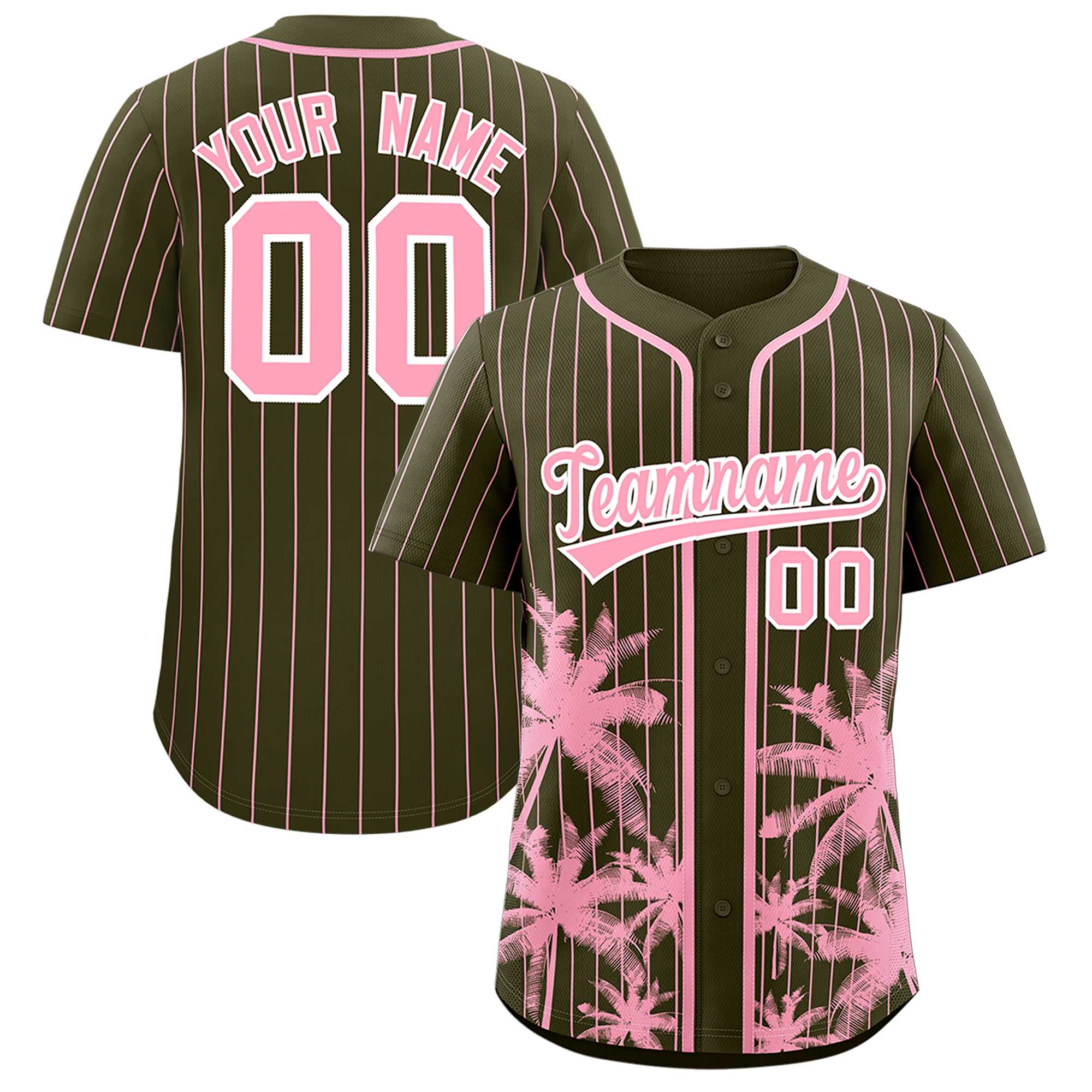 Custom Olive Light Pink Pinstripe Coconut Tree Pattern Authentic Baseball Jersey