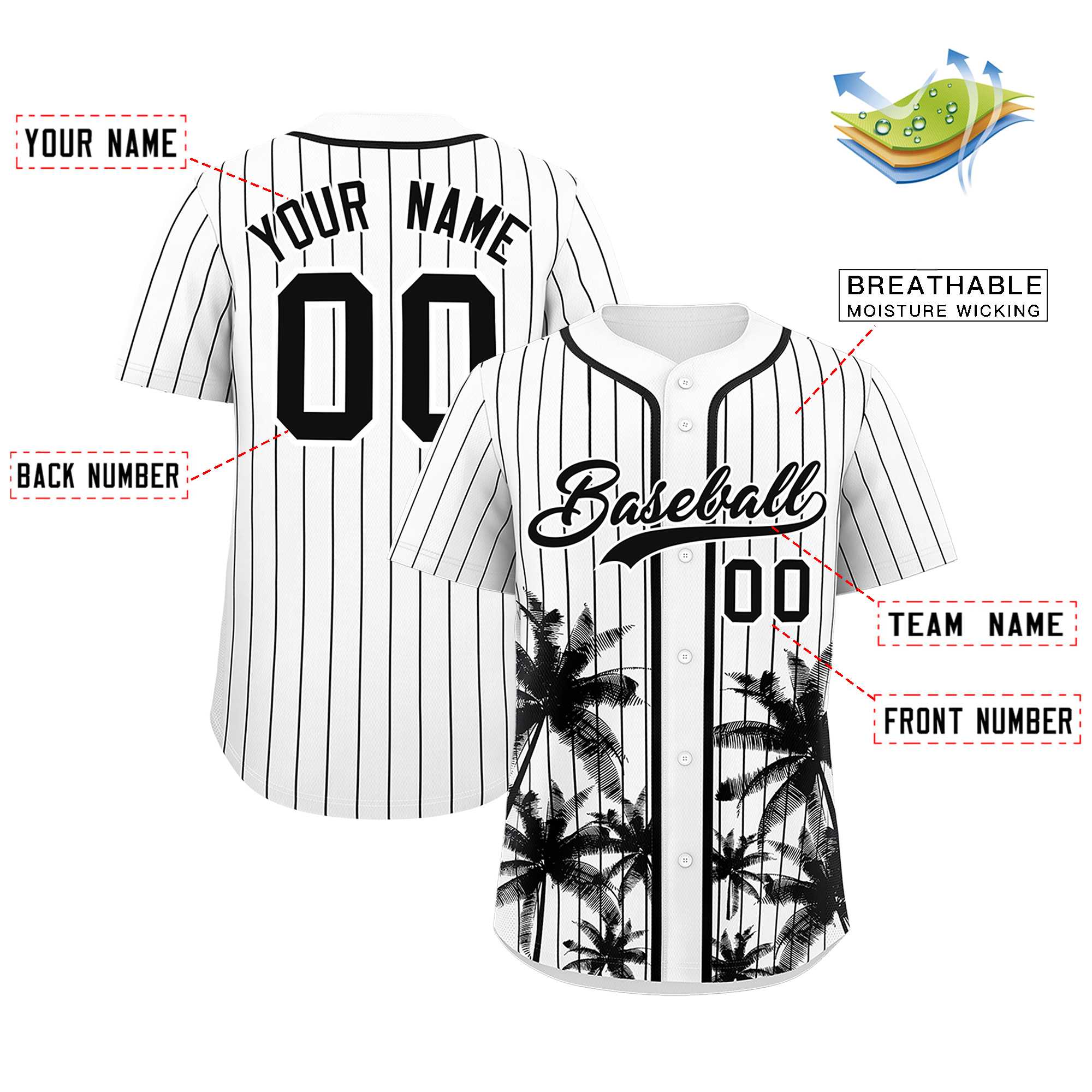 Custom White Black Pinstripe Coconut Tree Pattern Authentic Baseball Jersey