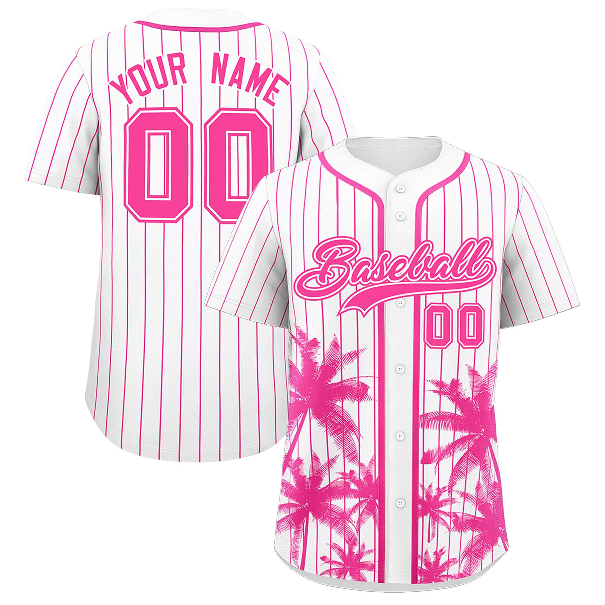 Custom White Pink Pinstripe Coconut Tree Pattern Authentic Baseball Jersey