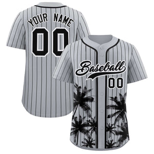 Custom Gray Black Pinstripe Coconut Tree Pattern Authentic Baseball Jersey