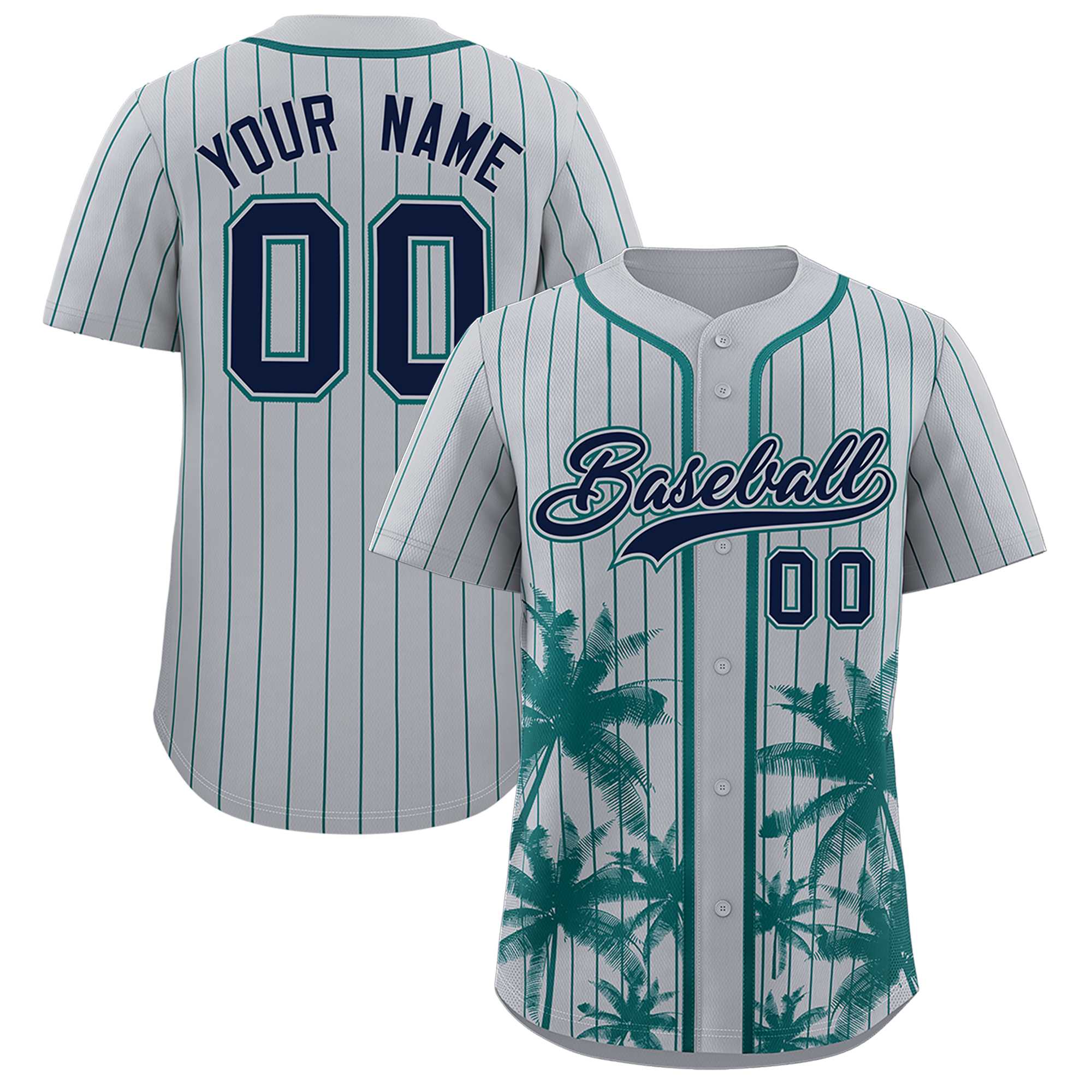 Custom Gray Aqua Pinstripe Coconut Tree Pattern Authentic Baseball Jersey