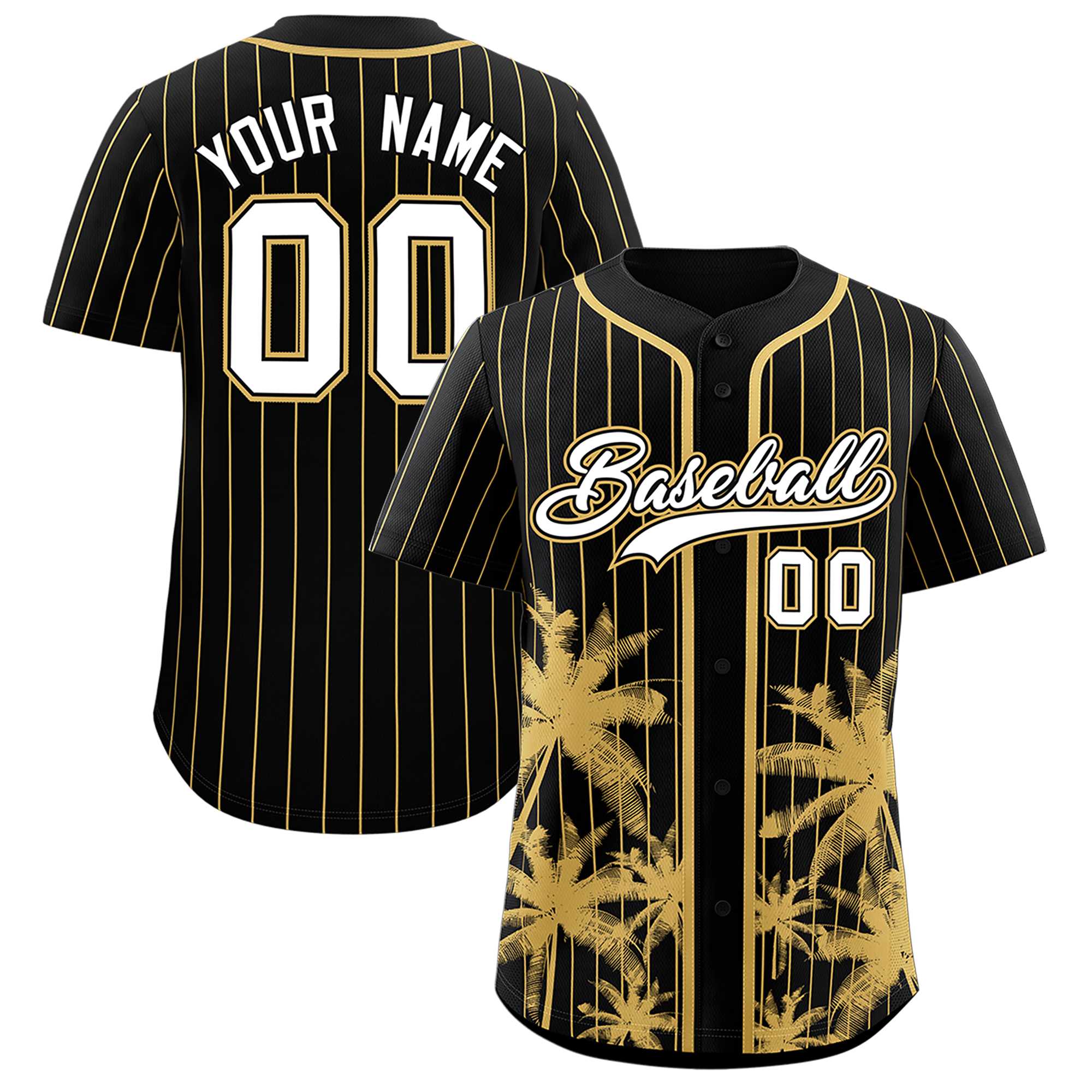 Custom Black Old Gold Pinstripe Coconut Tree Pattern Authentic Baseball Jersey