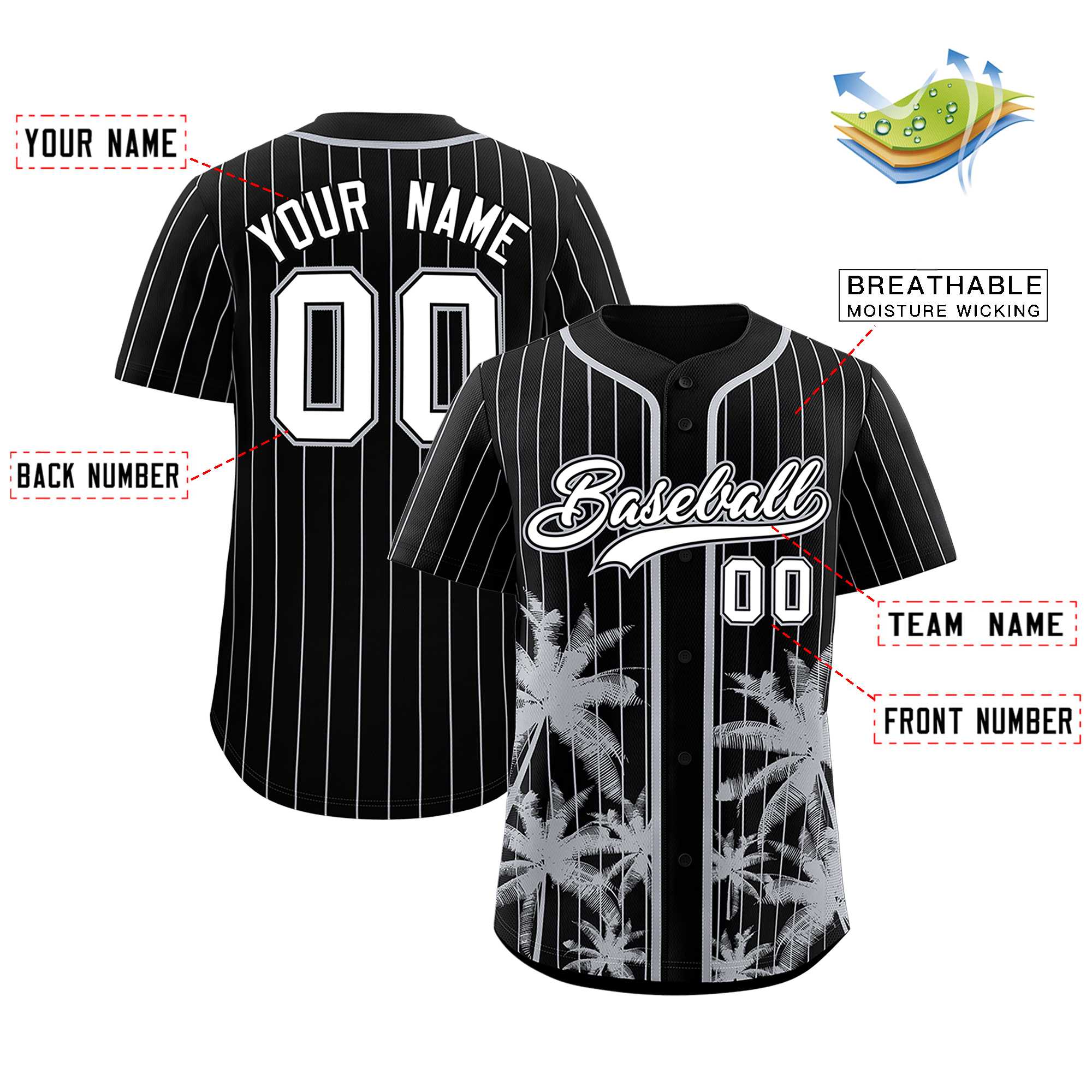 Custom Black Gray Pinstripe Coconut Tree Pattern Authentic Baseball Jersey