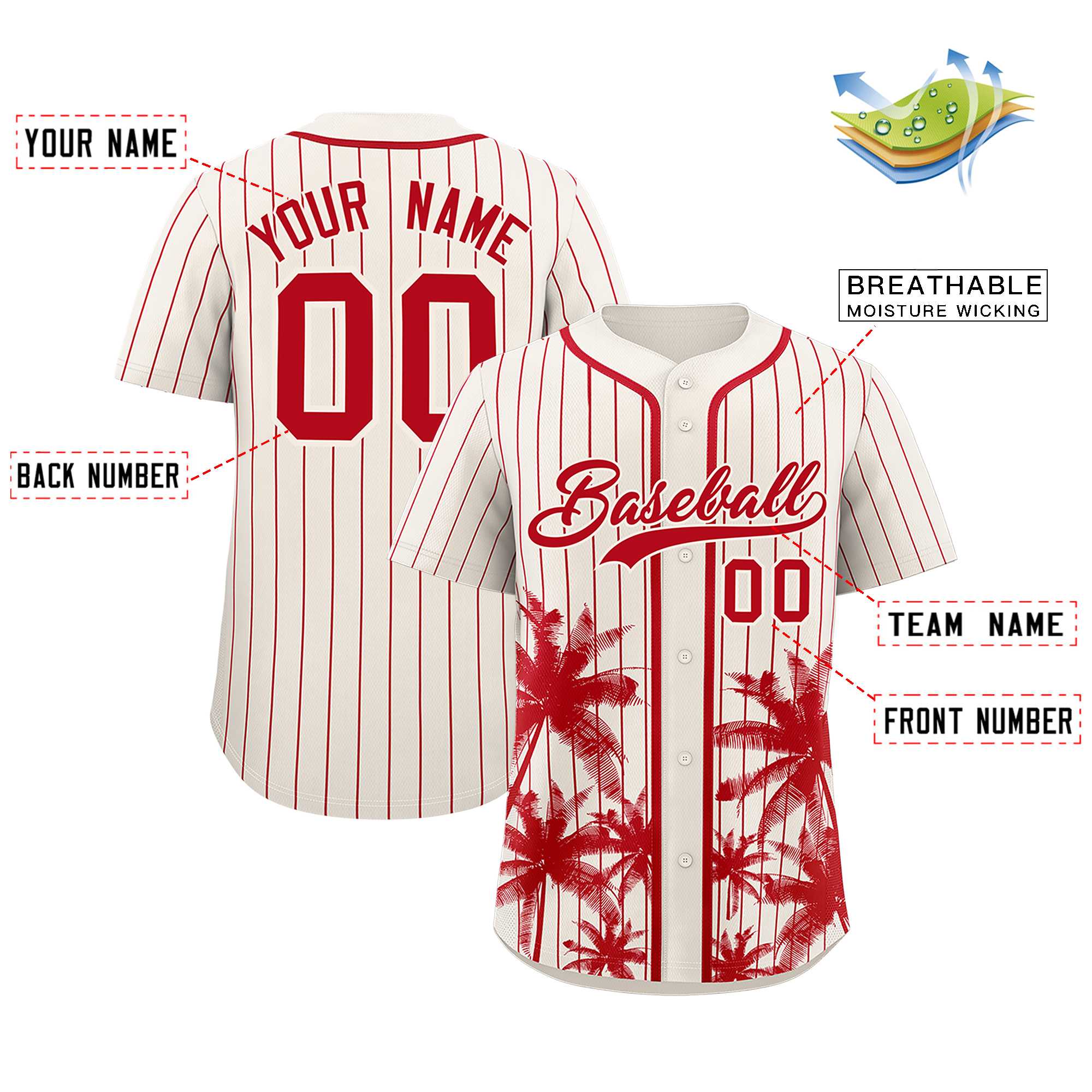 Custom Cream Red Pinstripe Coconut Tree Pattern Authentic Baseball Jersey