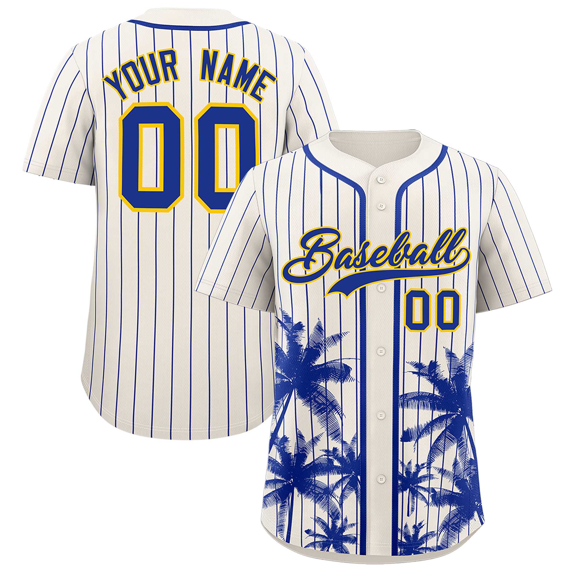 Custom Cream Royal Pinstripe Coconut Tree Pattern Authentic Baseball Jersey