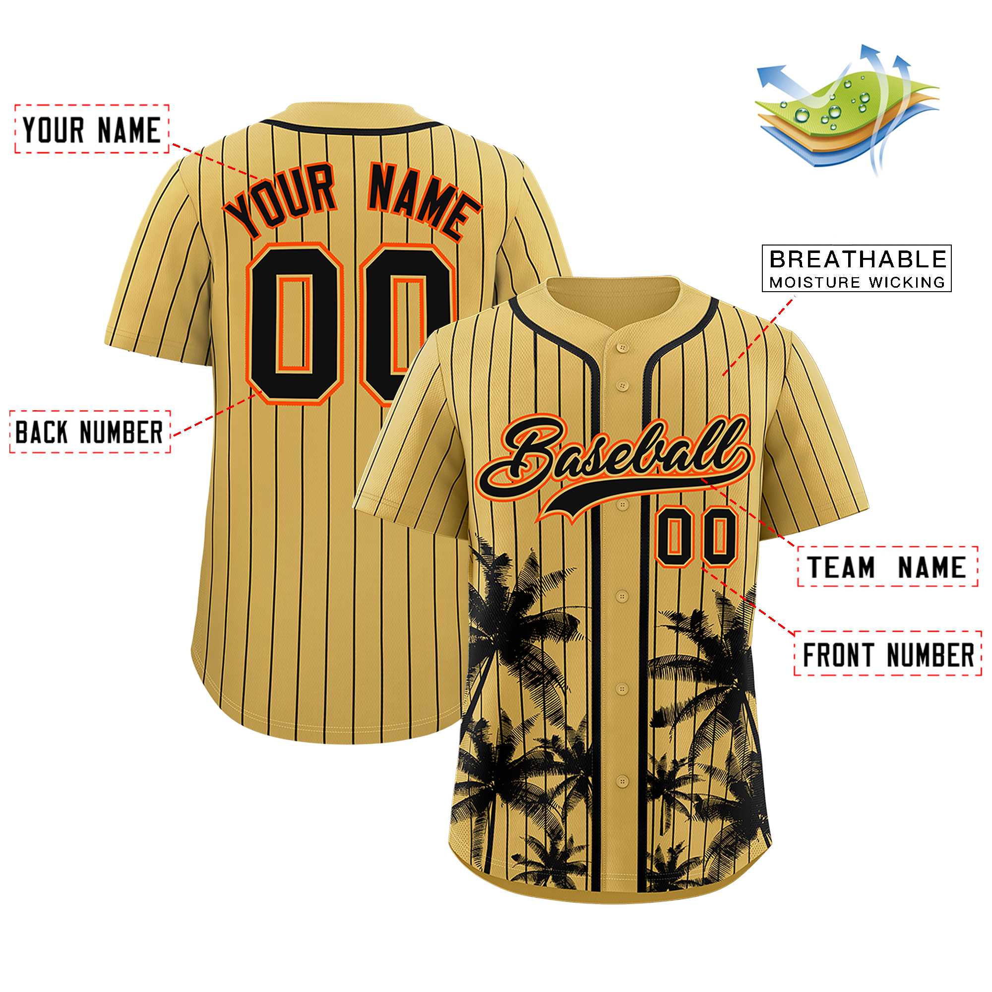 Custom Old Gold Black Pinstripe Coconut Tree Pattern Authentic Baseball Jersey