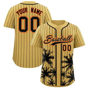 Custom Old Gold Black Pinstripe Coconut Tree Pattern Authentic Baseball Jersey