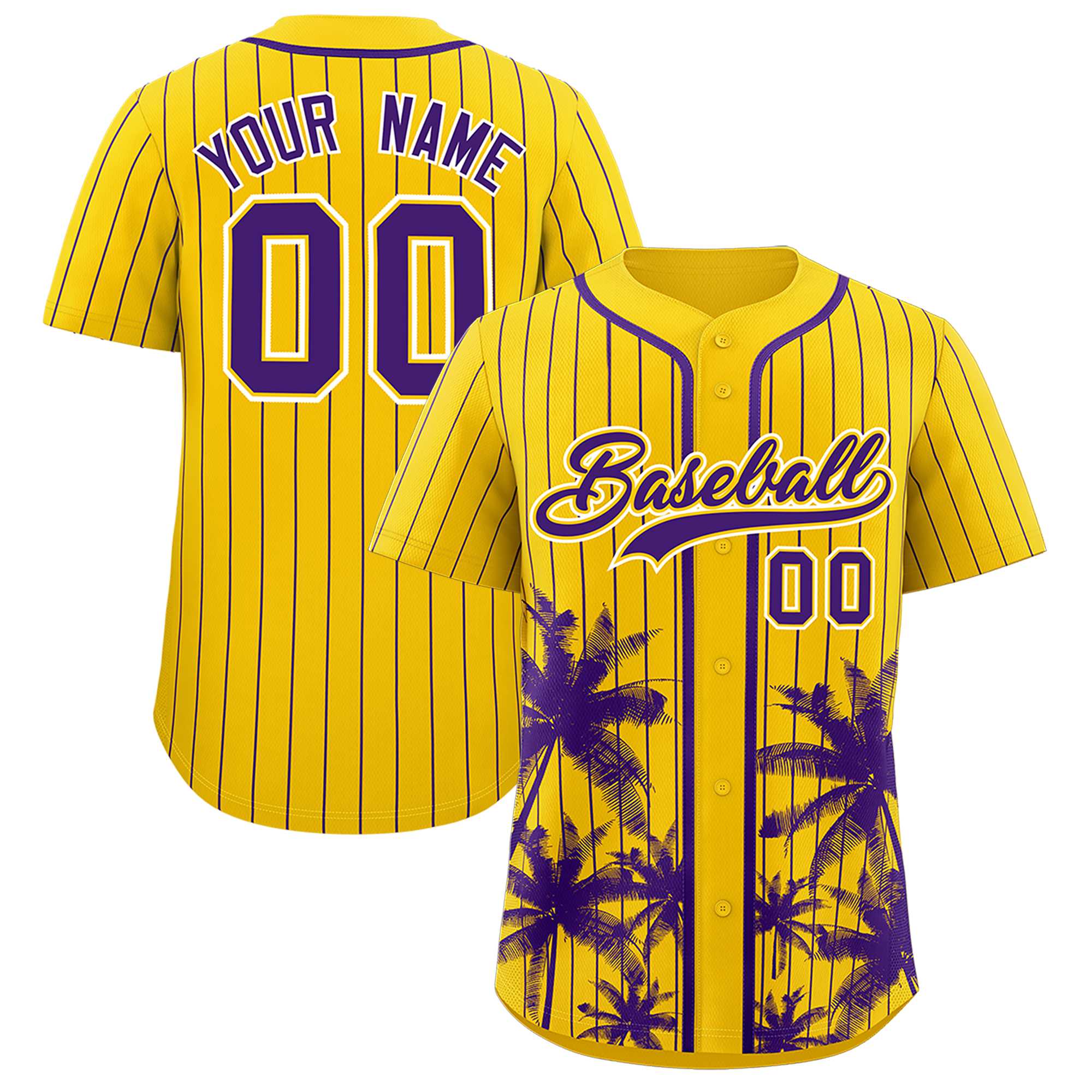 Custom Gold Purple Pinstripe Coconut Tree Pattern Authentic Baseball Jersey