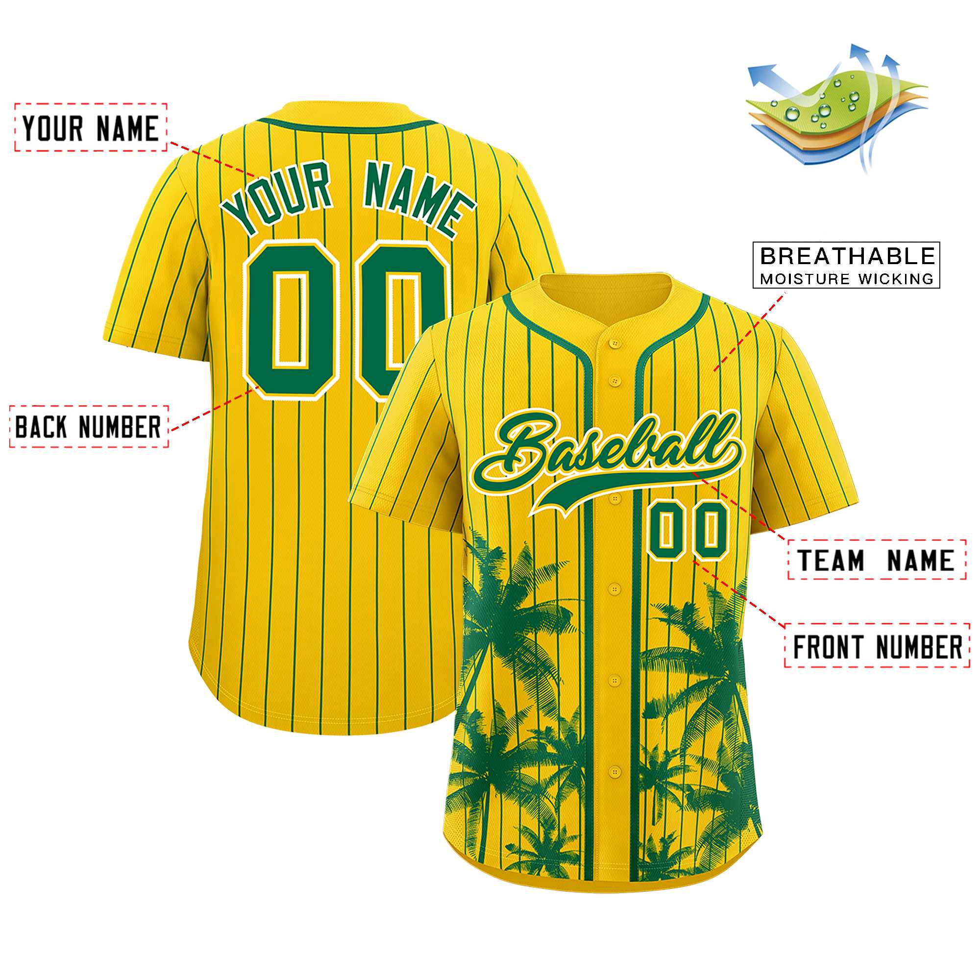 Custom Gold Kelly Green Pinstripe Coconut Tree Pattern Authentic Baseball Jersey