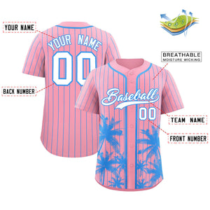 Custom Light Pink Powder Blue Pinstripe Coconut Tree Pattern Authentic Baseball Jersey