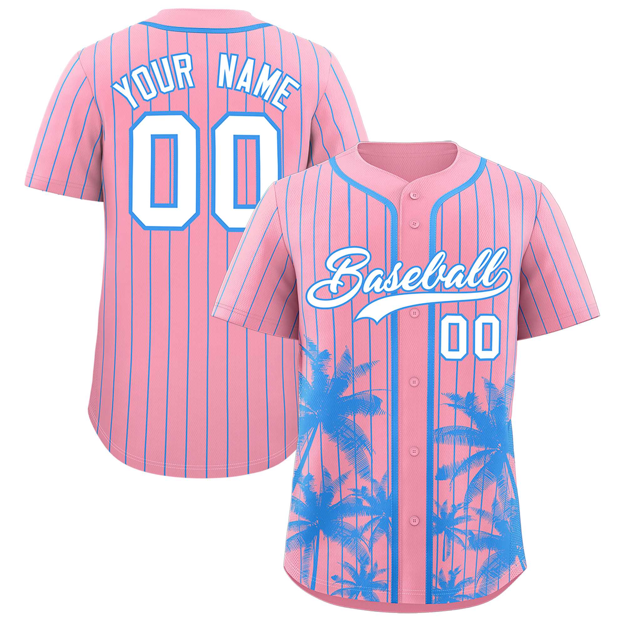 Custom Light Pink Powder Blue Pinstripe Coconut Tree Pattern Authentic Baseball Jersey