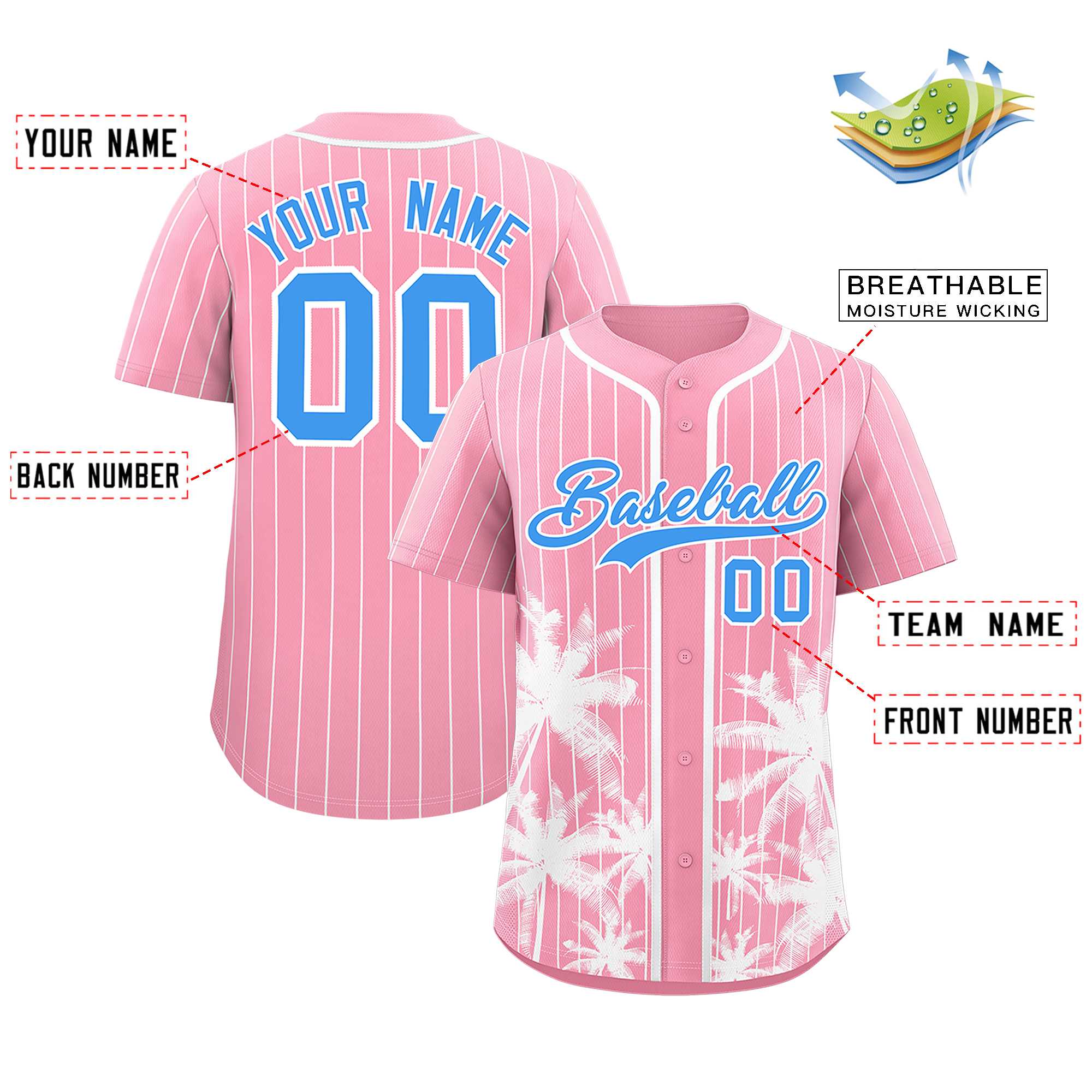 Custom Light Pink White Pinstripe Coconut Tree Pattern Authentic Baseball Jersey