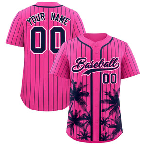 Custom Pink Navy Pinstripe Coconut Tree Pattern Authentic Baseball Jersey